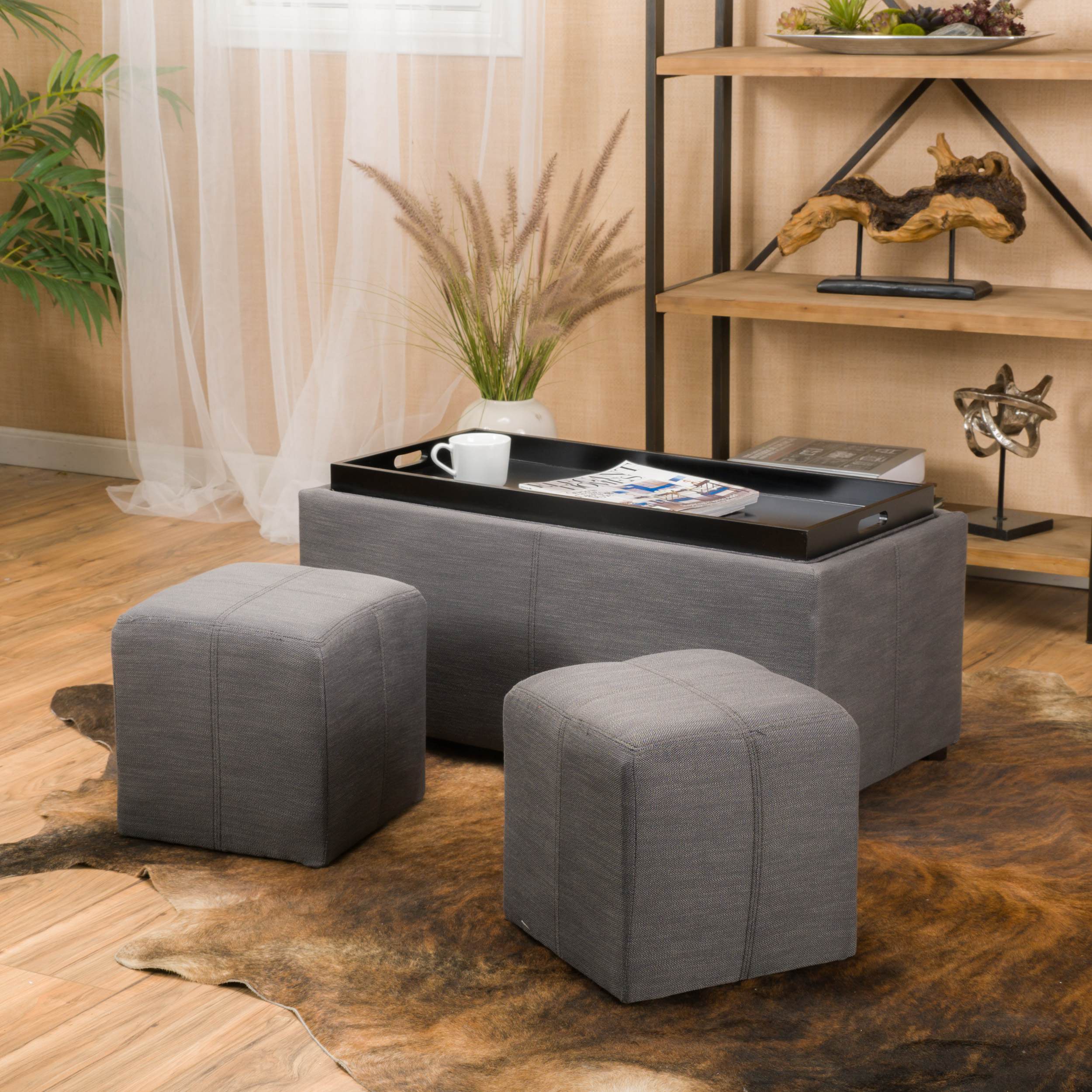 Storage Ottoman Bench with 2 Nested Ottoman Cubes, Wood Construction with Fabric Upholstery, Footrest, 34.25 L x 16.8 W x 16 H, Gray | Aosom.com