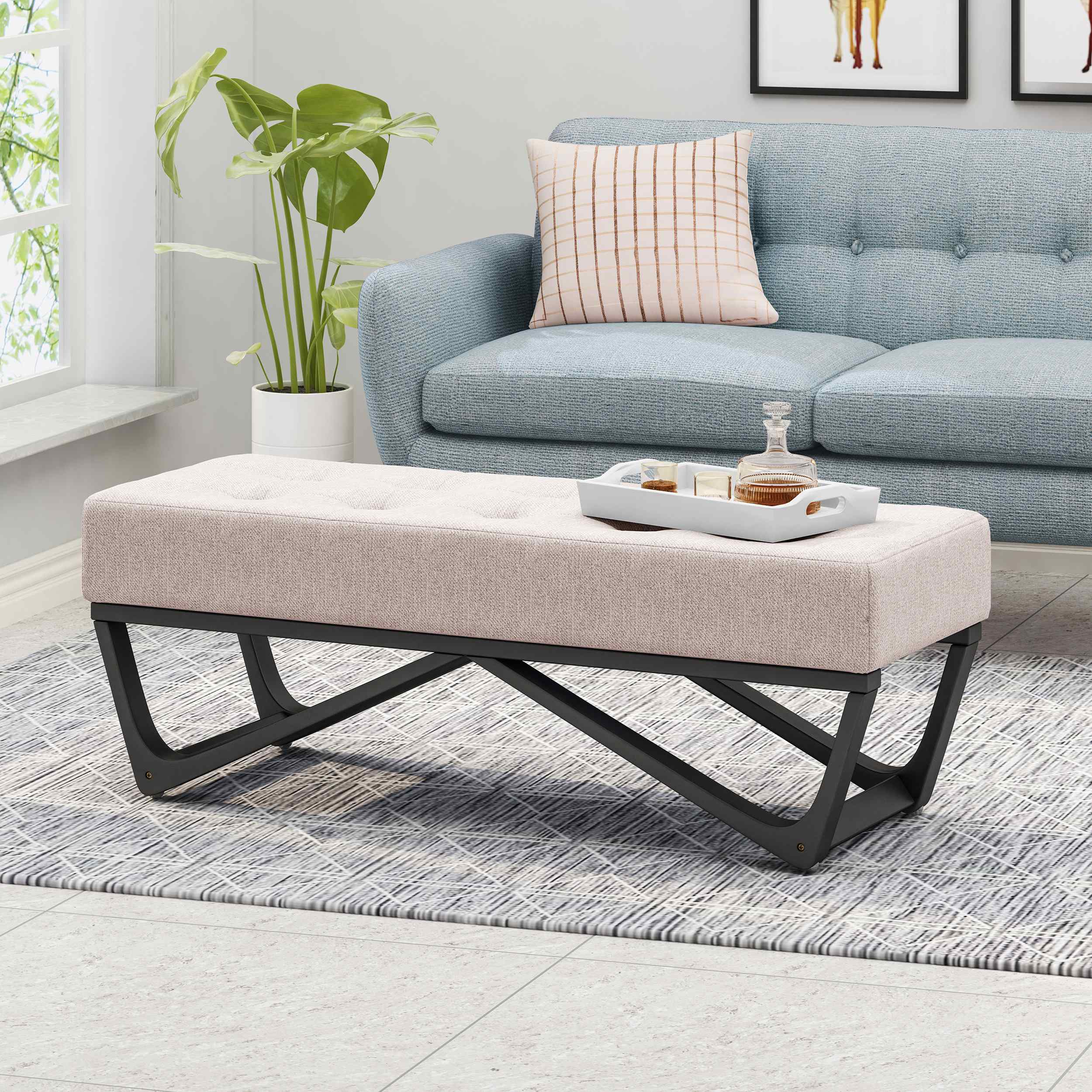 Contemporary Fabric Ottoman Bench with Cushioned Top, Sturdy Frame, and Space-Saving Design, 47.25 L x 17.5 W x 16.5 H, Beige | Aosom.com