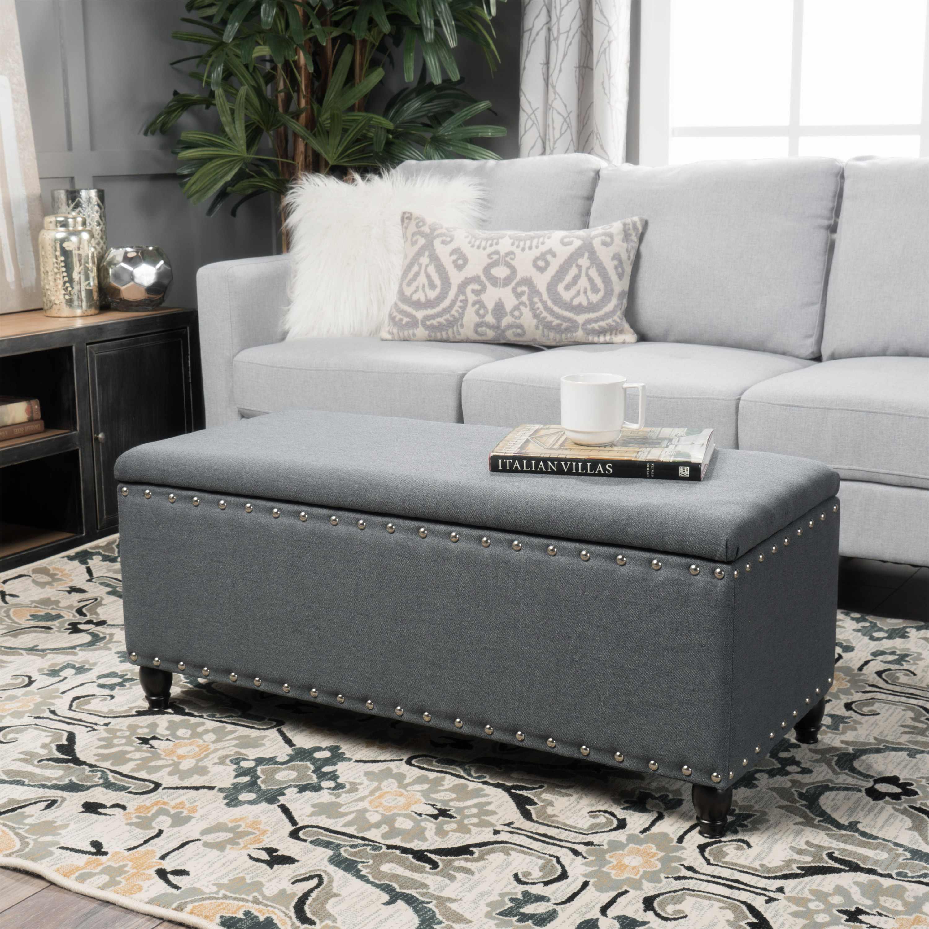 Fabric Storage Ottoman Bench with Solid Wood Construction, Versatile Seating and Storage, Footrest, 42 L x 18.25 W x 18.25 H, Charcoal | Aosom.com