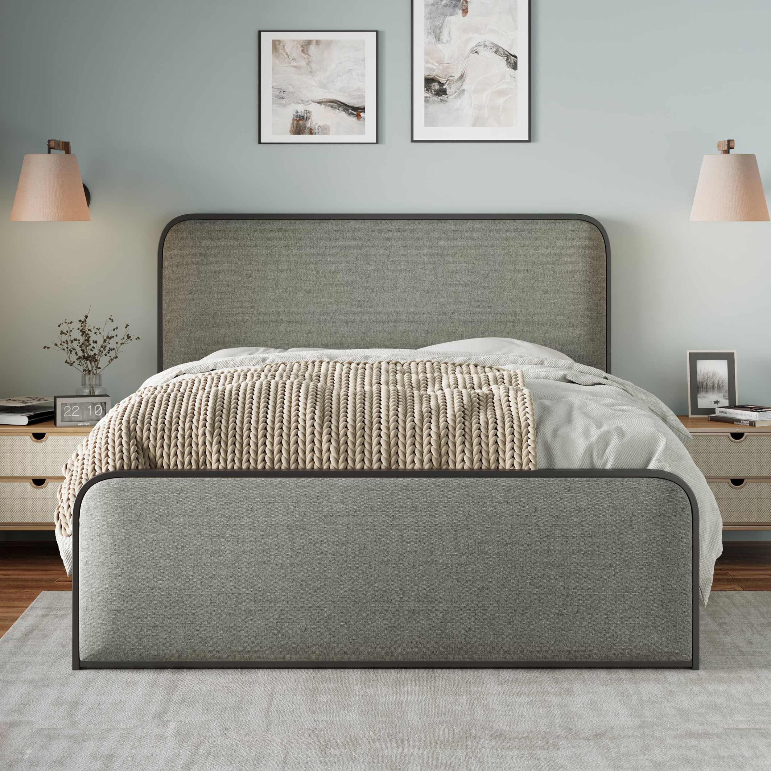 King Size Upholstered Bed Frame with Curved Headboard, Footboard, Under Storage, Supportive Surface Bed Base for Resting, Reading, Grey | Aosom.com
