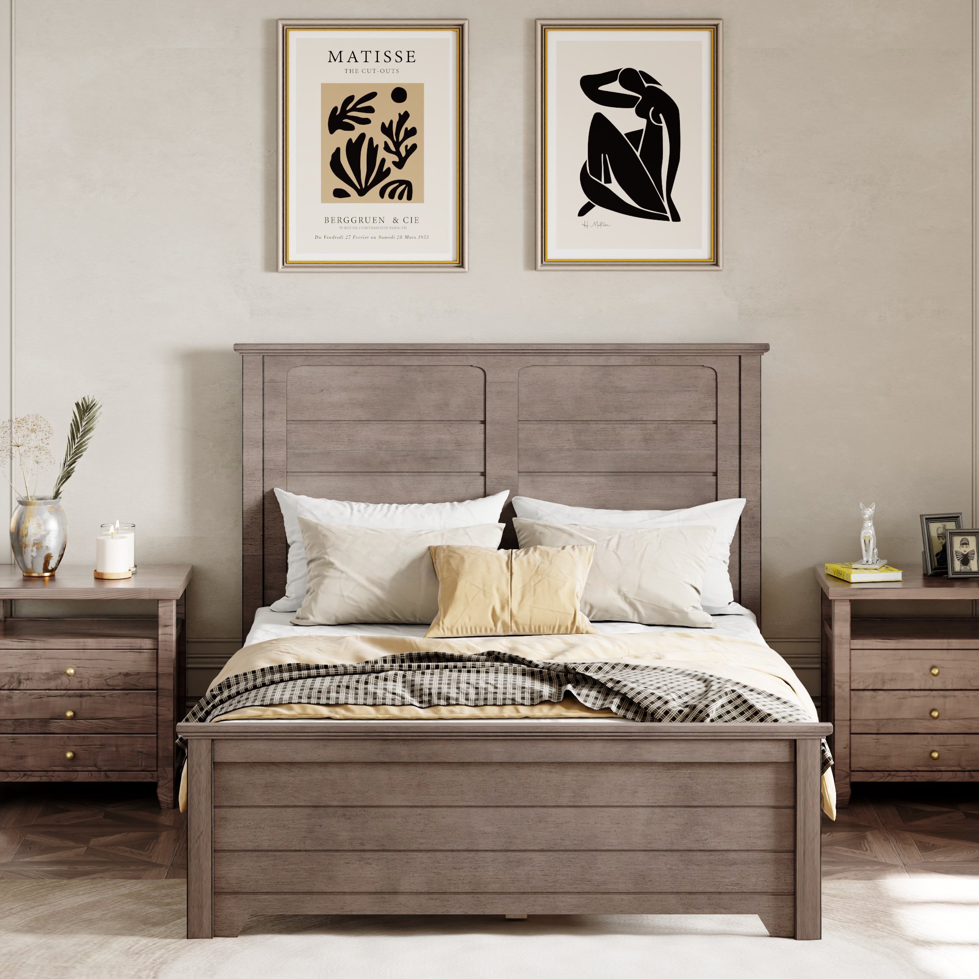 Queen Size Platform Bed with Panel Design, Headboard, Footboard, Sturdy Farmhouse Mattress Foundation, 84.1 x 64.2 x 51.8, Ash Brown | Aosom.com
