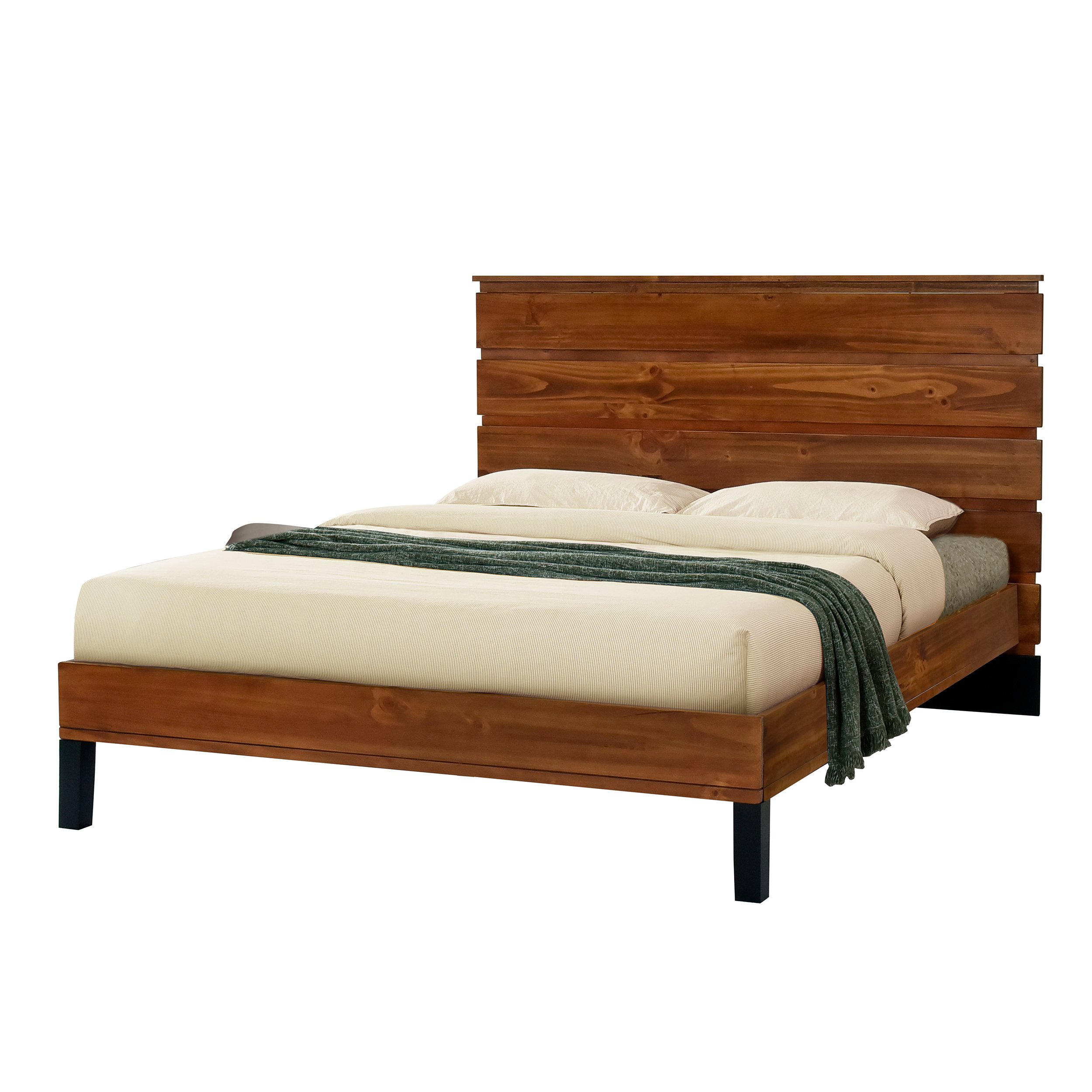 Mid-Century Double Bed Frame with 6-Piece Wood Headboard, Platform Frame for Bed with Natural Wood Grain, 78.54" x 11.61" x 10.63", Brown | Aosom.com 0