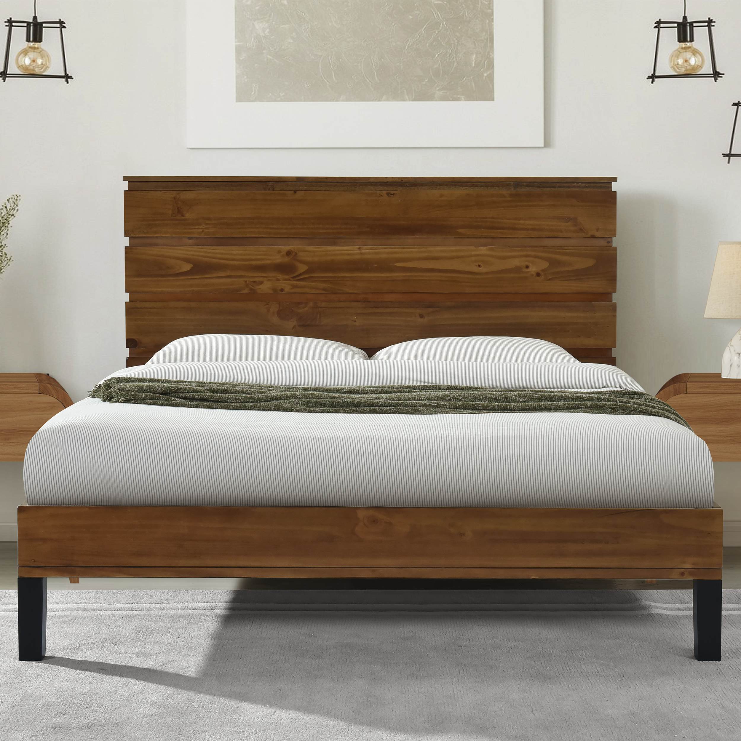 Mid-Century Double Bed Frame with 6-Piece Wood Headboard, Platform Frame for Bed with Natural Wood Grain, 78.54" x 11.61" x 10.63", Brown | Aosom.com 2