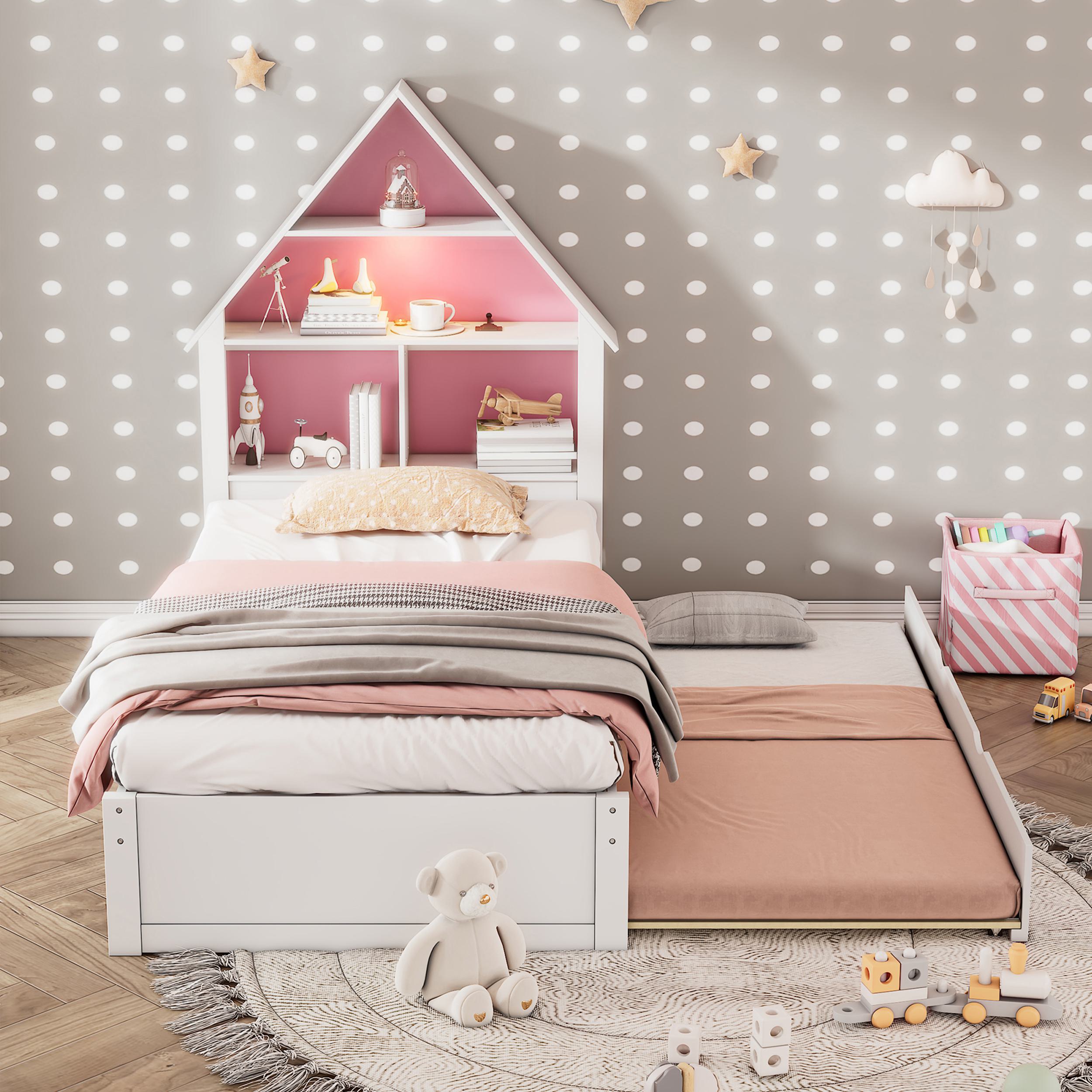 Twin Size House-Shaped Bed Frame with Bookcase Headboard, LED Light, and Trundle for Kids, Solid Pine, 79.92 x 18.31 x 5.91, White+Pink | Aosom.com