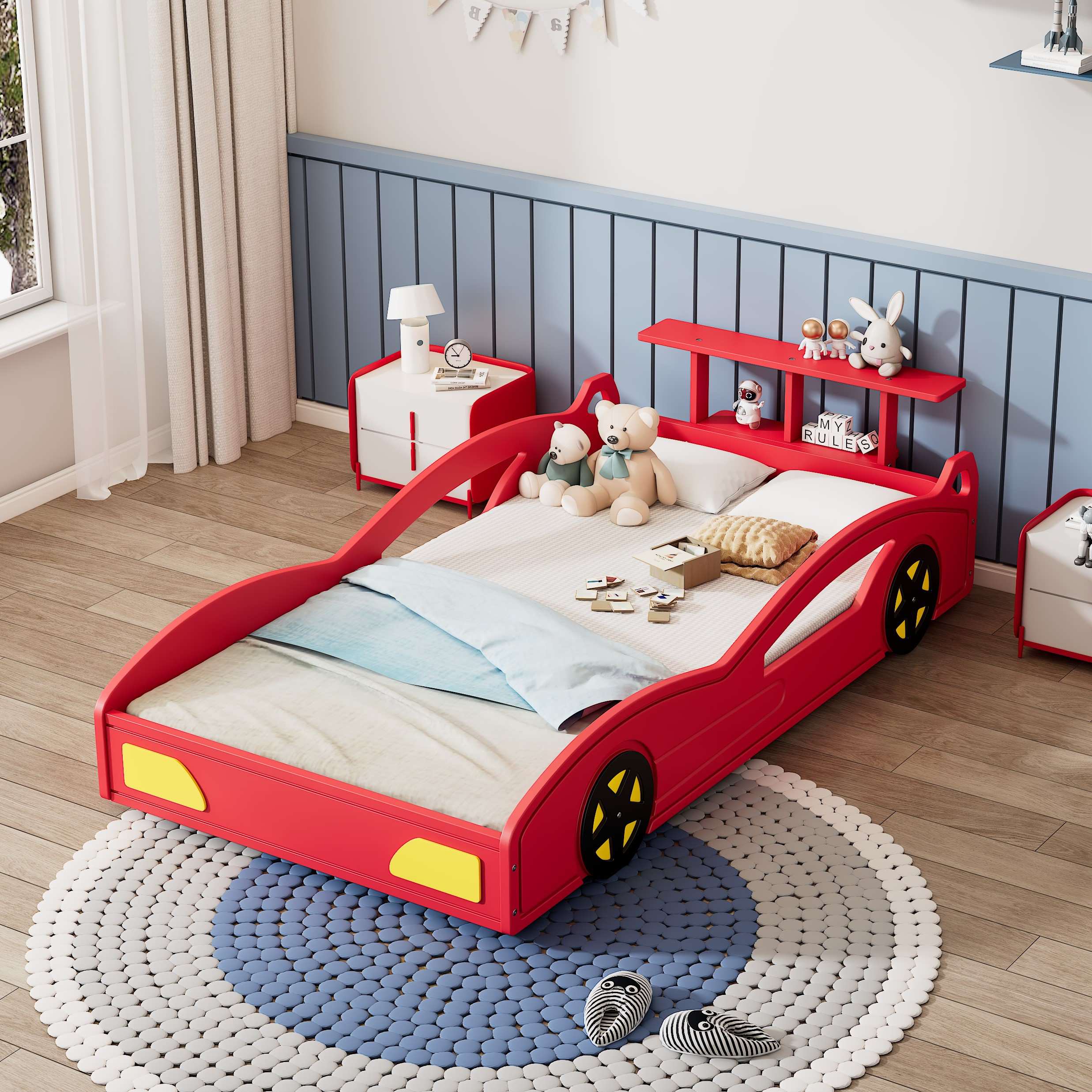 Car-Shaped Platform Twin Bed with Wheels and Storage Space, Safety Rails, and Sturdy Slats, Wooden Race Car Bed, 77.6" x 41.3" x 20.6", Red