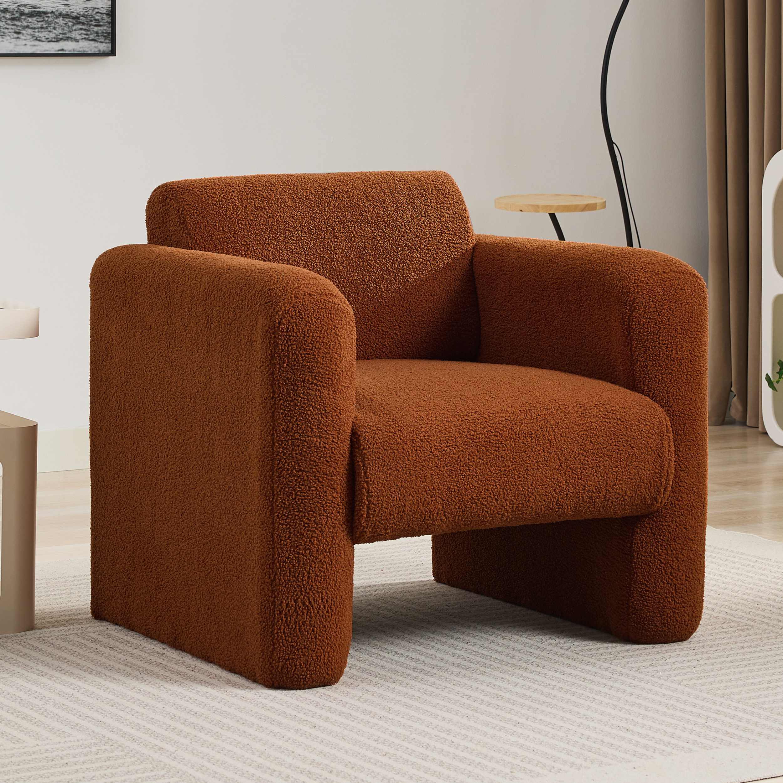 Comfy Reading Armchair with Soft Padded Cushion and Pillow for Living Room, Modern Accent Chair, Sherpa Fabric Upholstered, Burnt Orange | Aosom.com