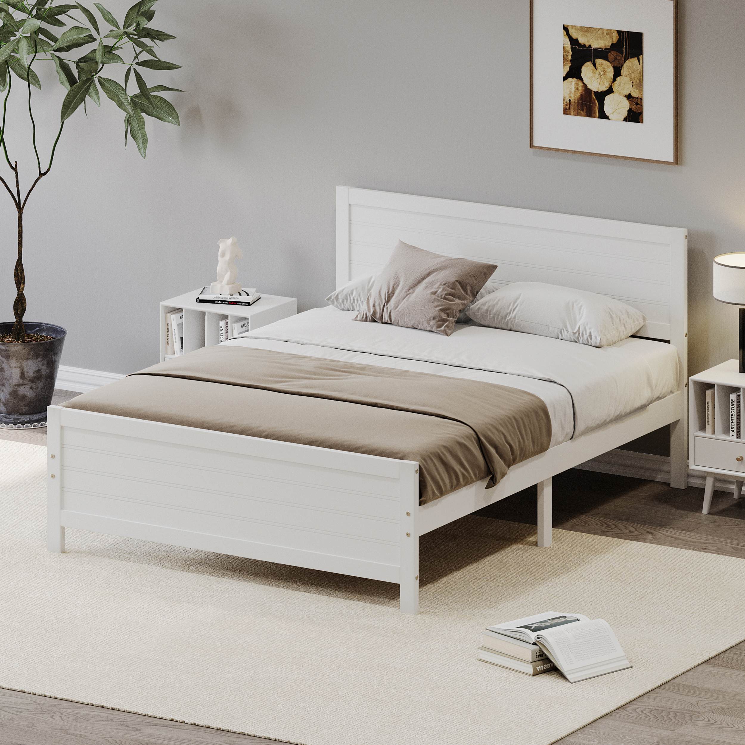 Queen Size Platform Bed with Headboard, Under Storage, Slat Support, No Box Spring Needed, Farmhouse Wooden Bedstead for Bedroom, White | Aosom.com