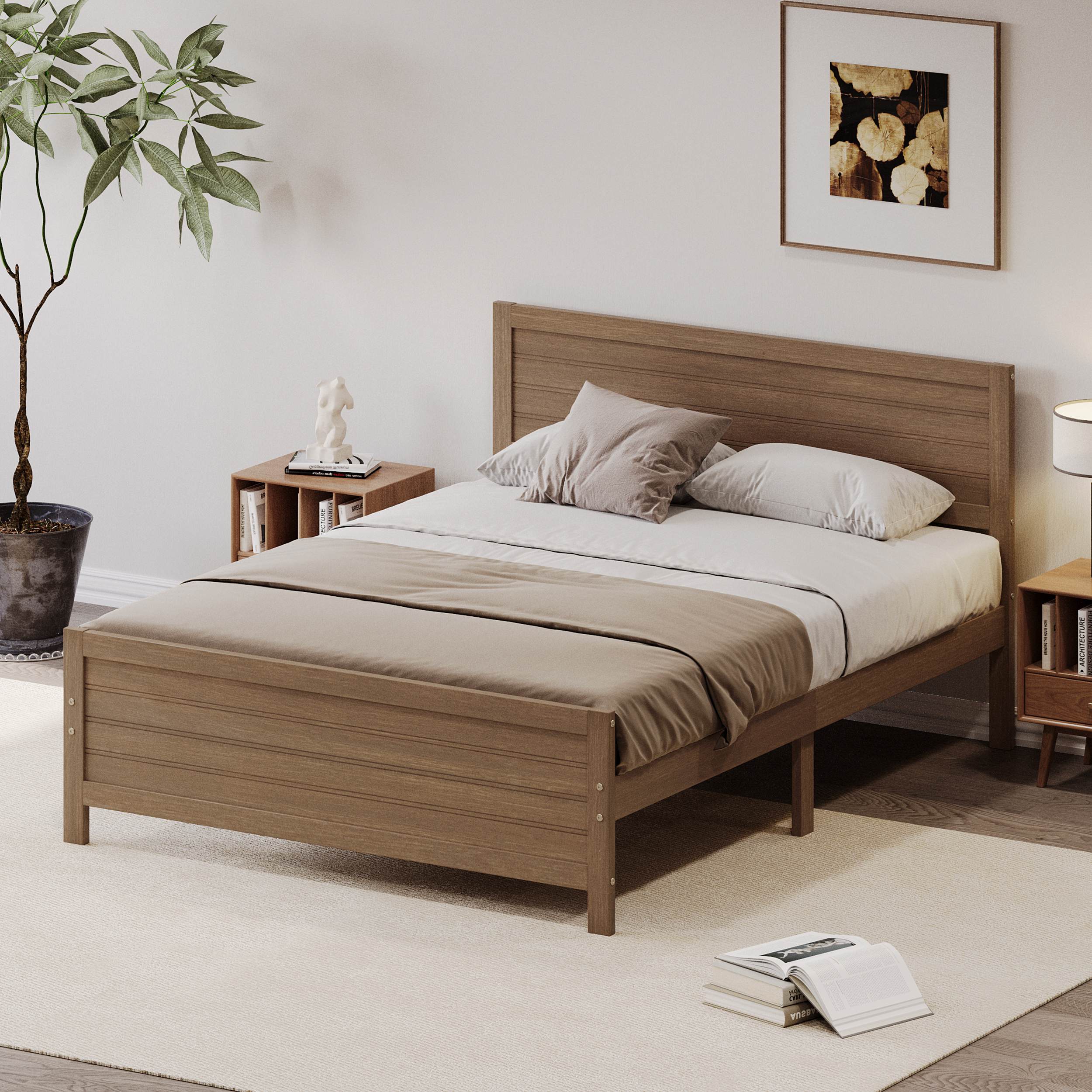 Farmhouse Style Queen Size Platform Bed with Headboard, No Box Spring Needed, Stylish Bed Stand with Solid Wooden Slat Support, Walnut | Aosom.com