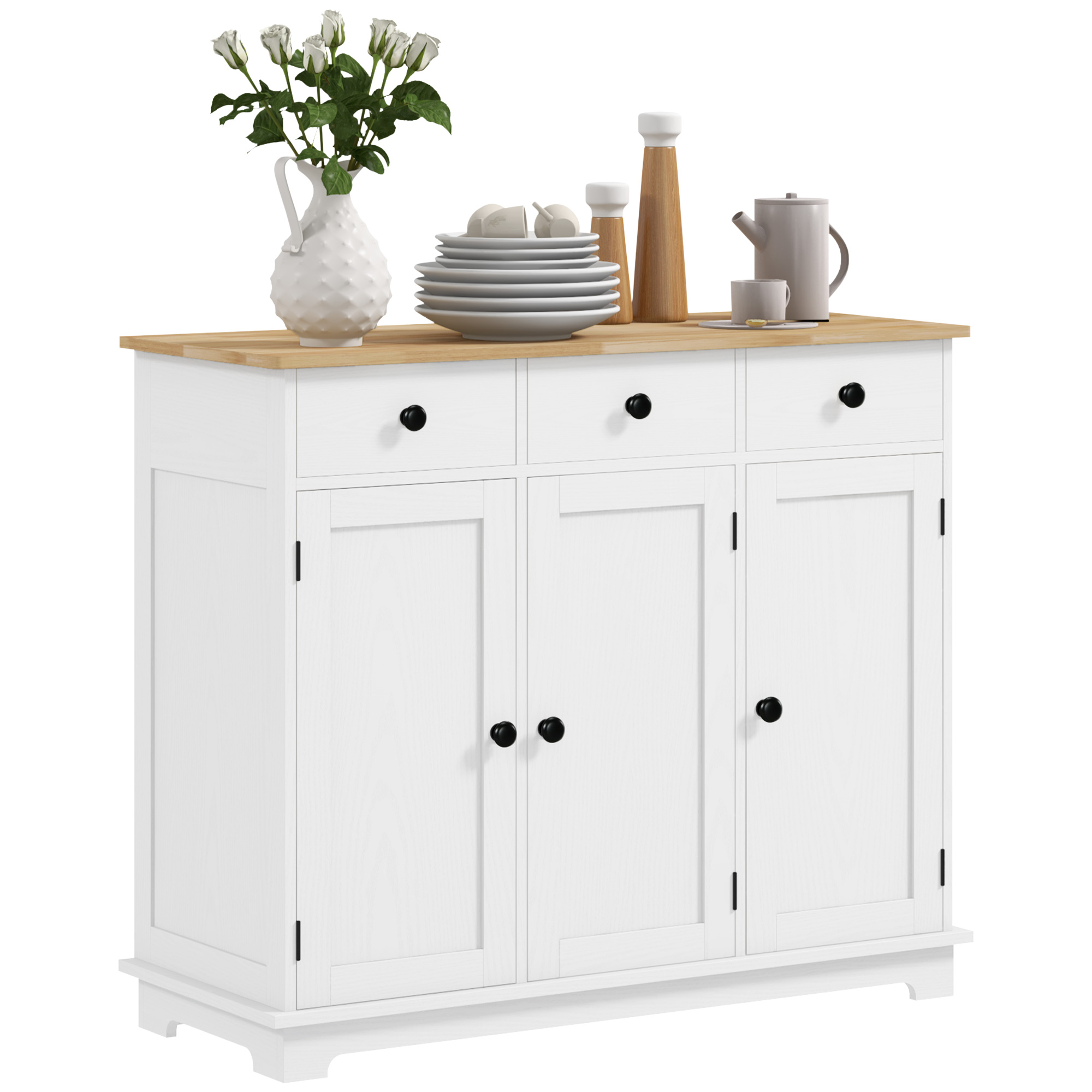 HOMCOM Sideboard with Solid Wood Countertop, Kitchen Storage Cabinet, Coffee Bar Cabinet with Drawers, Doors and Adjustable Shelf, White | Aosom.com
