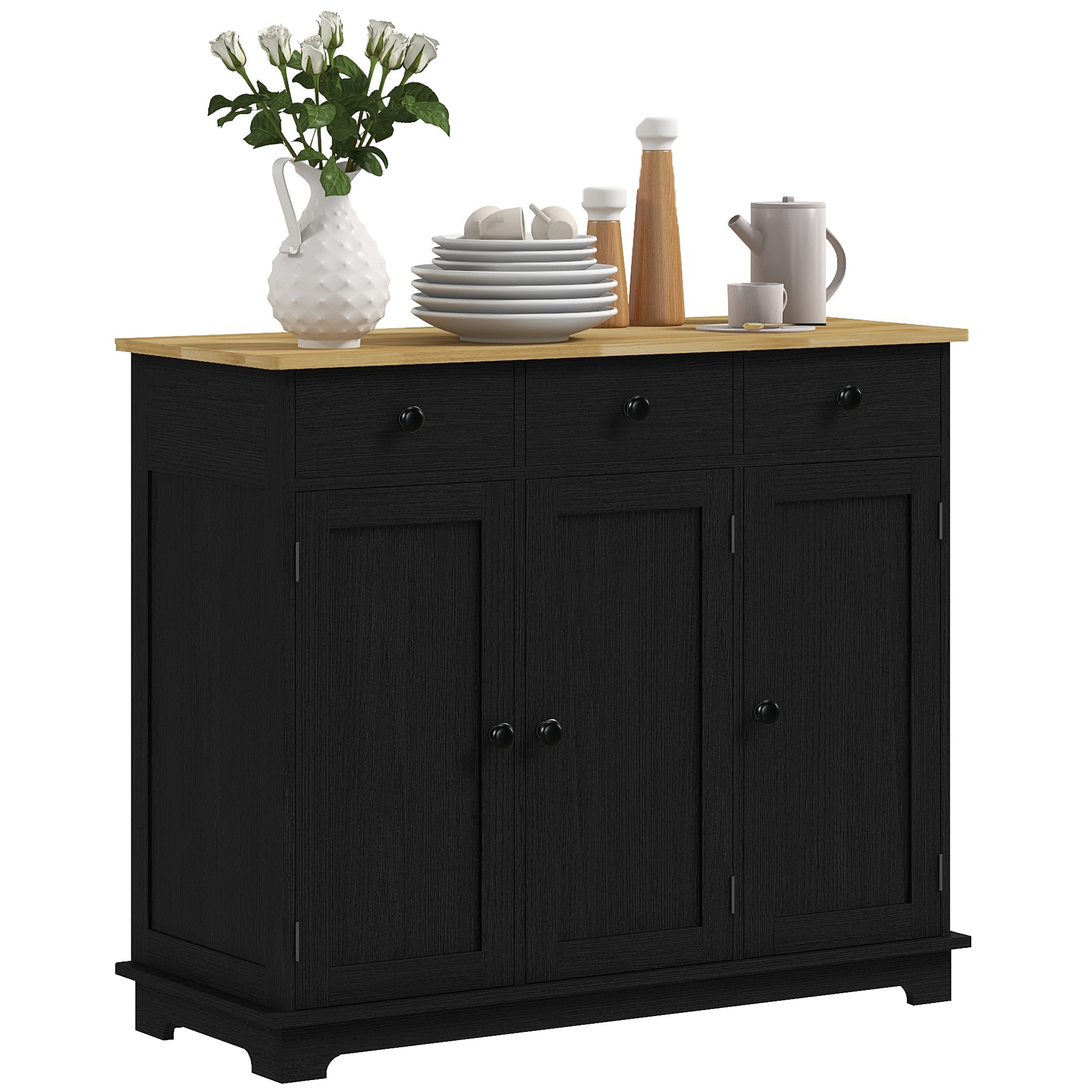 HOMCOM Sideboard with Wood Countertop, Kitchen Storage Cabinet, Coffee Bar Cabinet with 3 Drawers, Doors and Adjustable Shelf, Black | Aosom.com