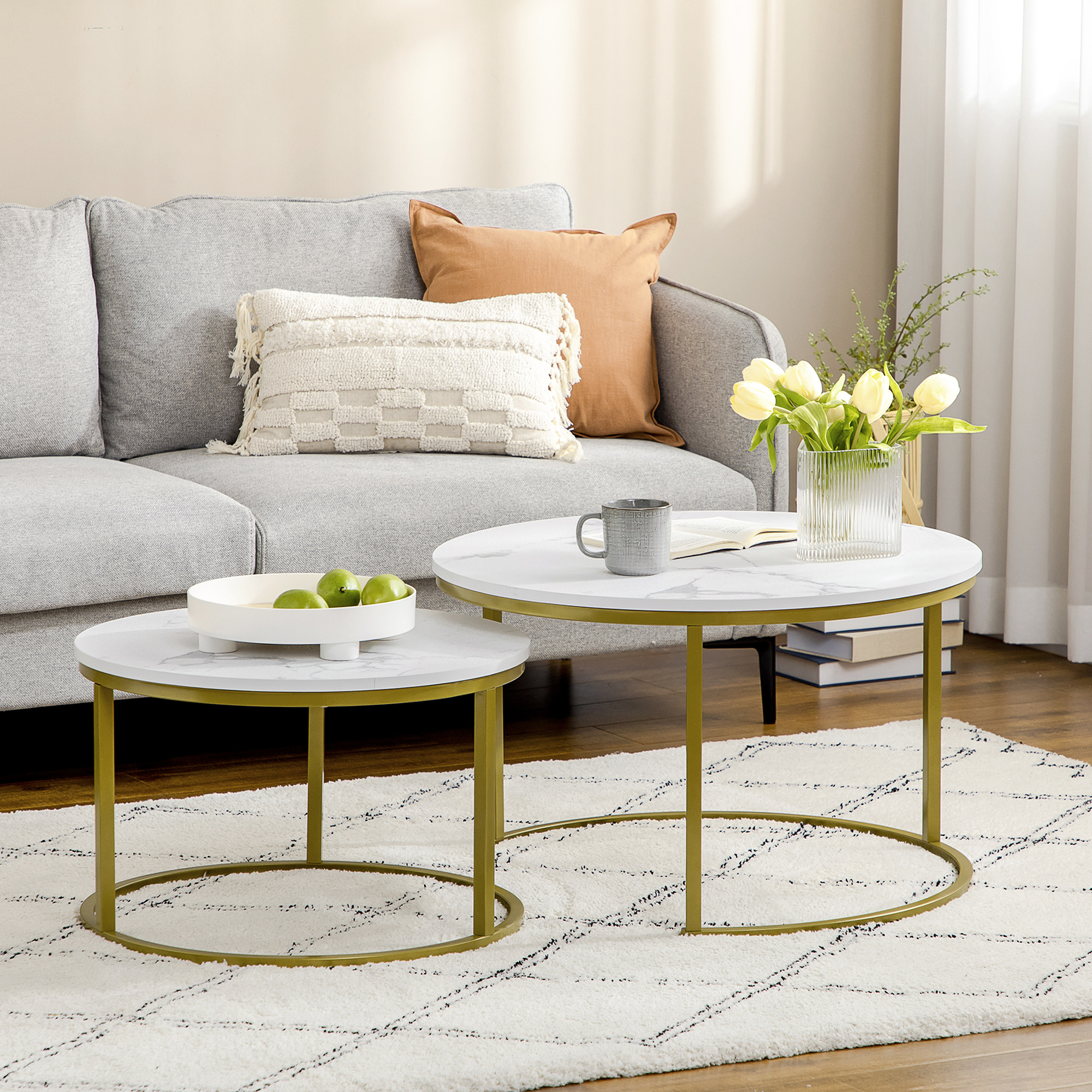HOMCOM Round Nesting Tables Set of 2, Stacking Coffee Table Set with ...