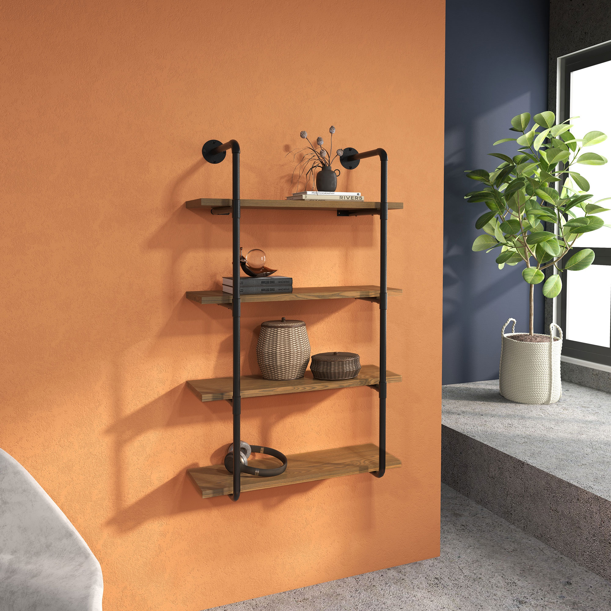 HOMCOM Industrial Pipe Style Shelf 4-Tier Wall-Mounted Utility