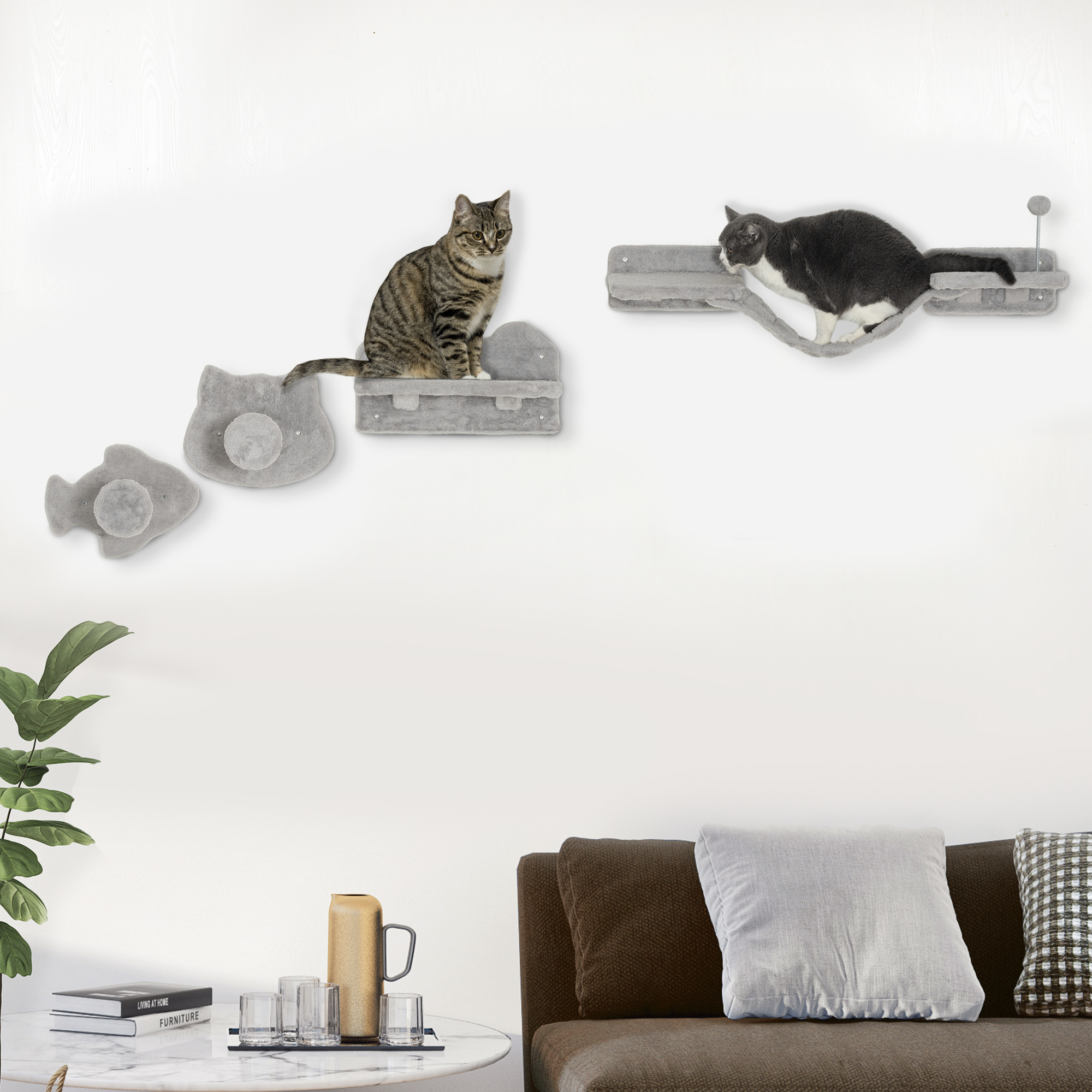 Pawchop Cat Wall Climbing Set - 4 Piece Cat Shelves With Scratching Post, Hammock & Steps, Beige Cat Wall Furniture For Indoor Cats-1028586