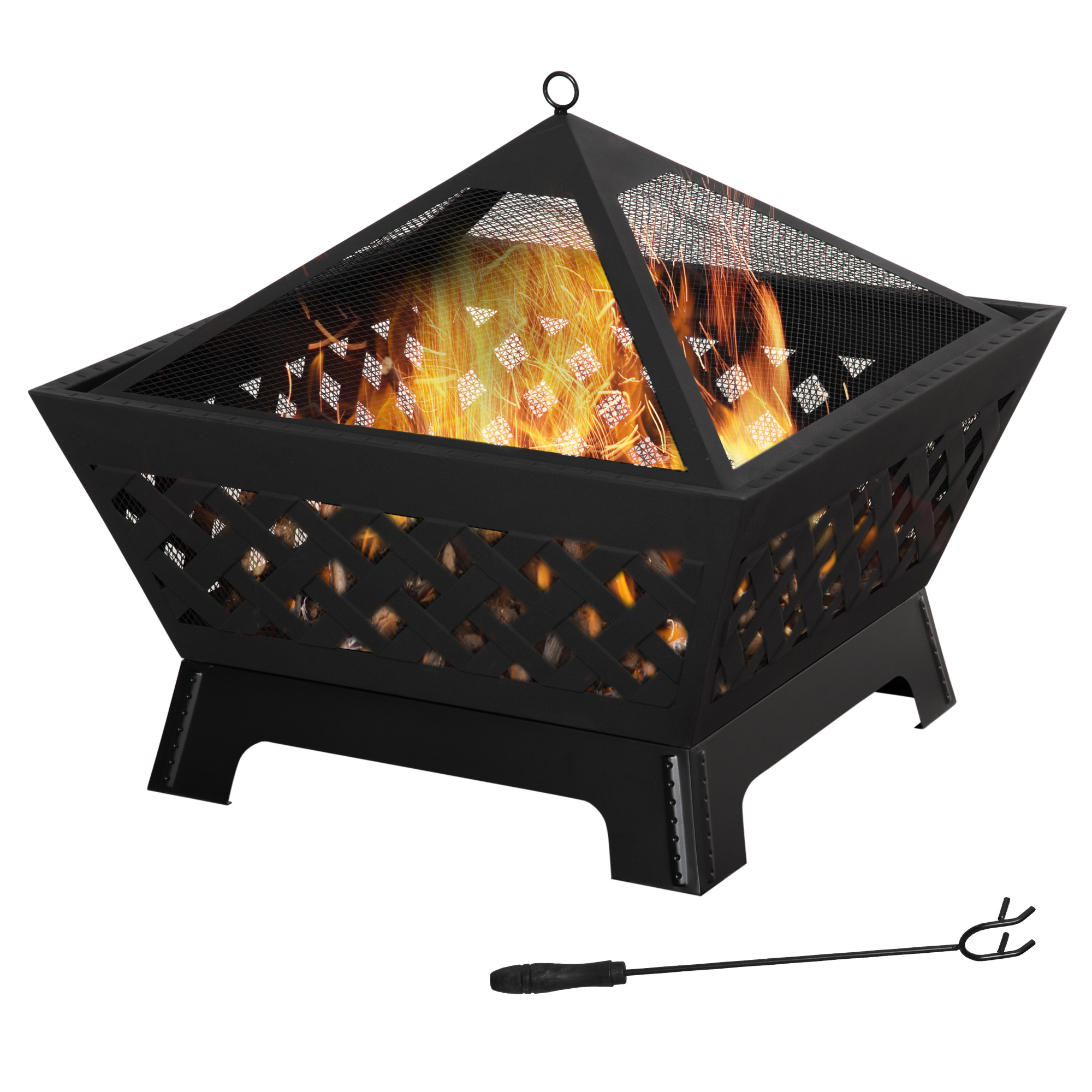 Outsunny 26 Inch Outdoor Fire Pits, Bonfire Wood Burning Firepit Bowl, Camping Fire Pit with Spark Screen Cover, Poker for Patio, or Backyard, Black