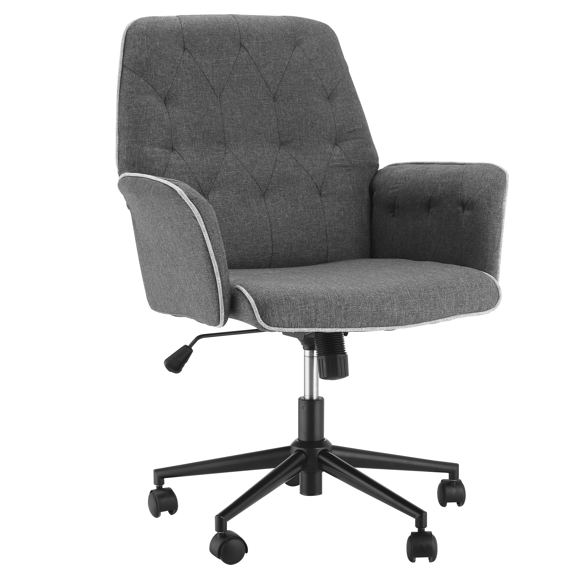 HOMCOM Linen Computer Desk Chair Tufted Height Adjustable Home Office Chair with Swivel Wheels and Padded Armrests Dark Gray