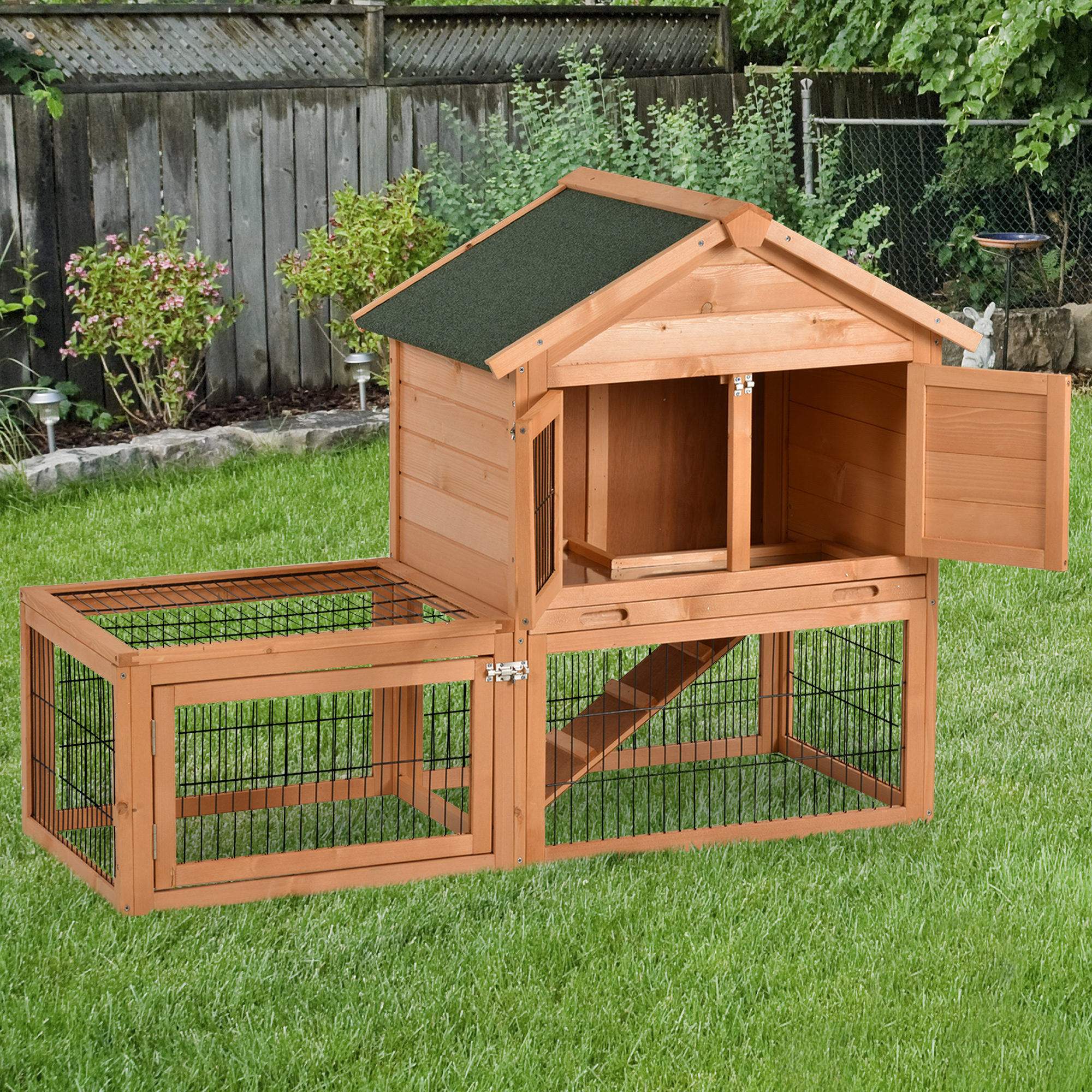 Pawhut Deluxe Wooden Rabbit Hutch 2 Story Outdoor Rabbit House