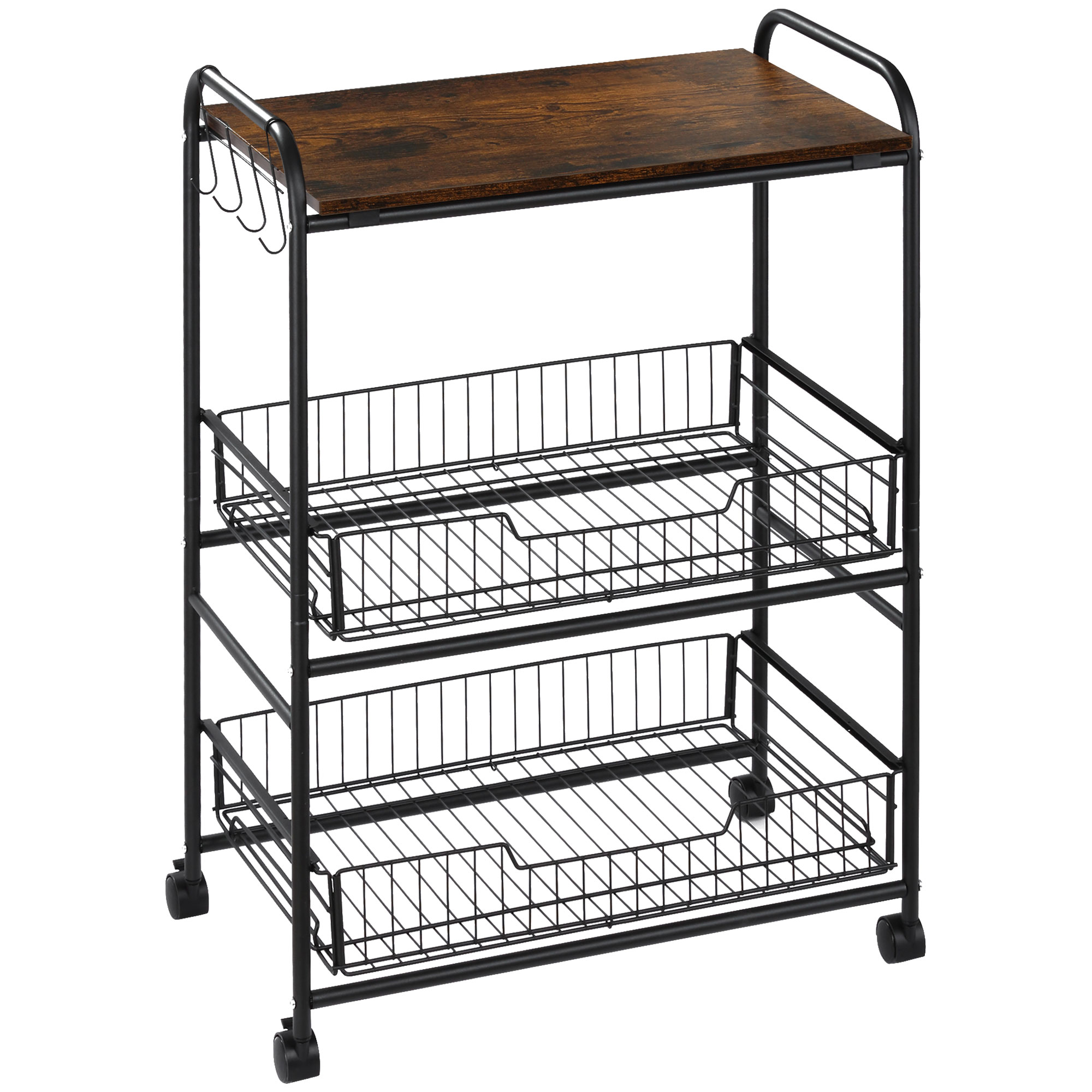 HOMCOM 24 Brown 3-Tier Rolling Kitchen Cart, Utility Storage Trolley with Basket Drawers &amp; Side Hooks | Aosom.com