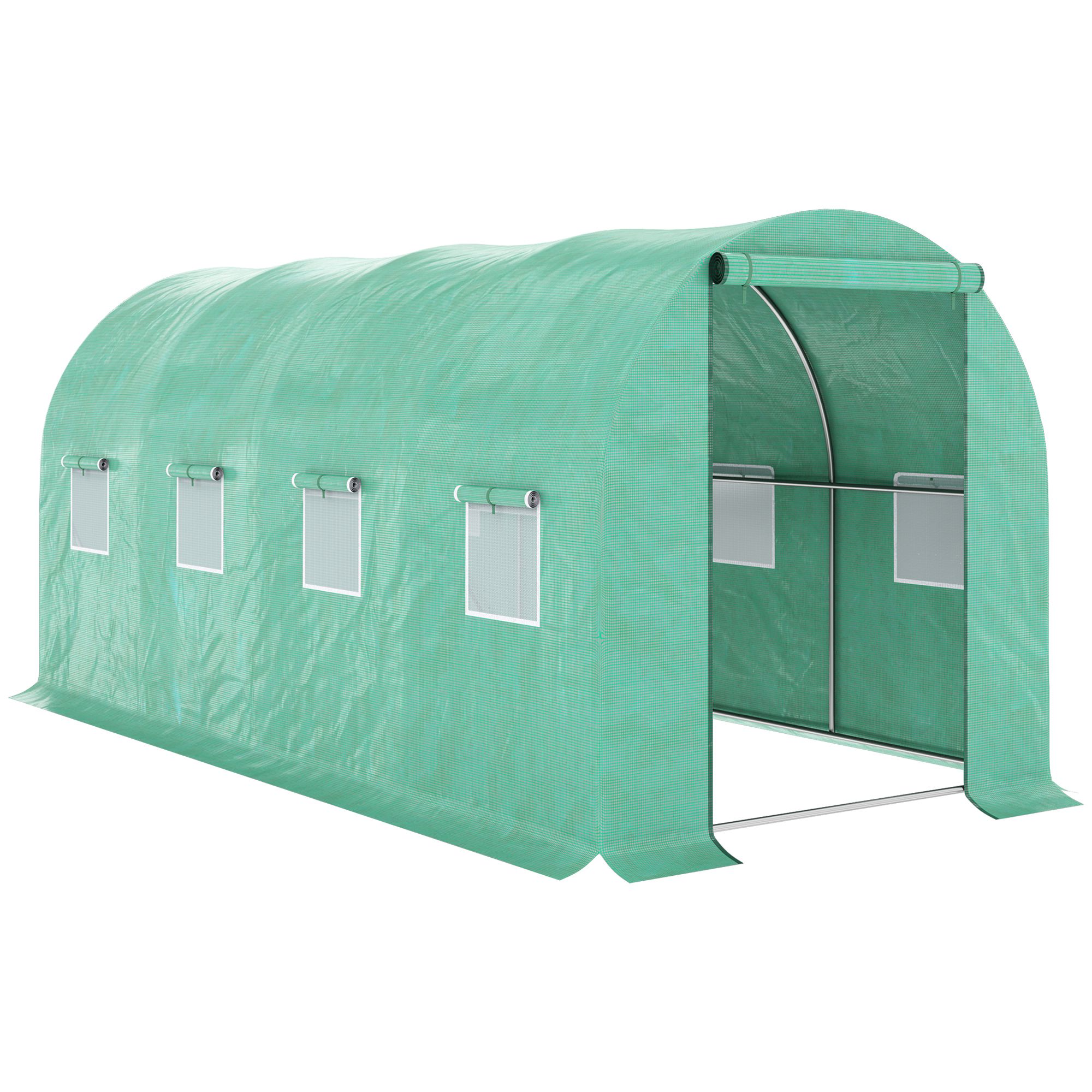Outsunny 15&#039; x 7&#039; x 7&#039; Walk-in Tunnel Hoop Greenhouse Polyethylene PE Cover, Steel Frame, Roll-Up Zipper Door &amp; Windows for Flowers, Vegetables, Green