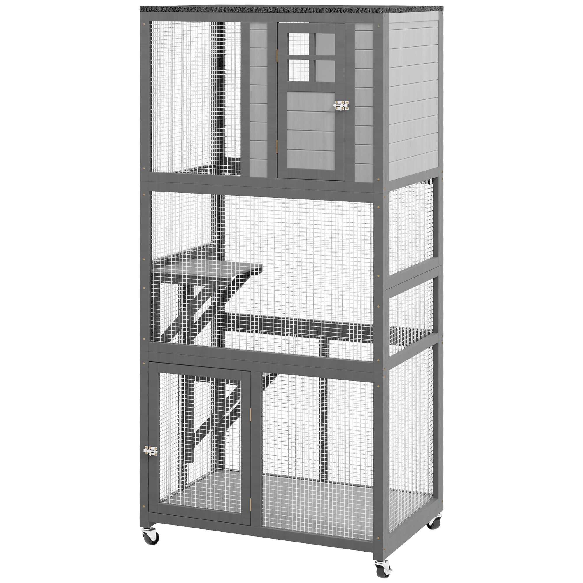 PawHut 74 Wooden Outdoor Cat House Catio with High Weight Capacity, Cat Cage Condo, Light Gray | Aosom.com