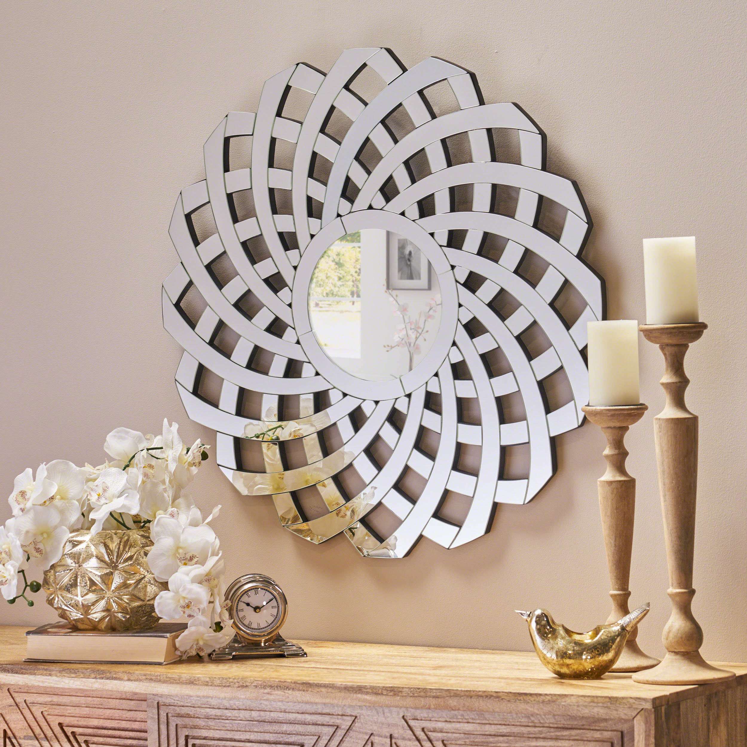 Glam Round Flower Patterned Wall Mirror with Faux Wood Frame, Decorative Wall Mirrors, No Assembly Required, 31.5 x 31.5 x 0.75, Clear | Aosom.com