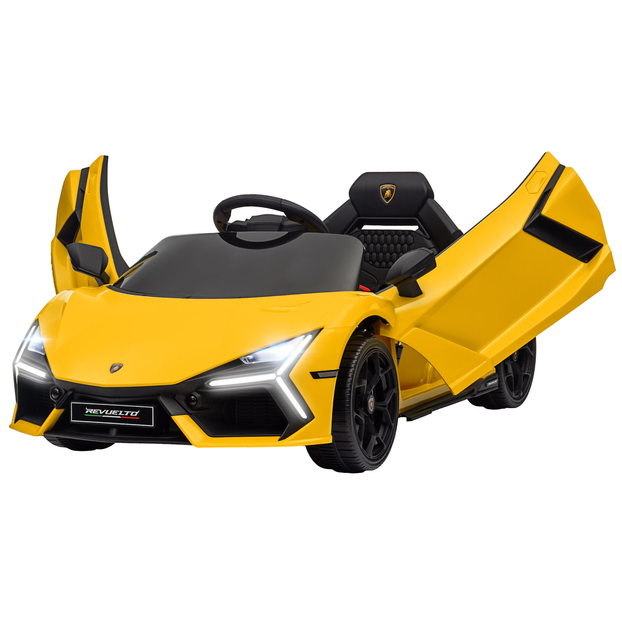 Qaba Lamborghini Revuelto Licensed 12V Kids Ride on Car Electric Car w/ Hydraulic Doors, Remote, Training Wheels, Yellow | Aosom.com