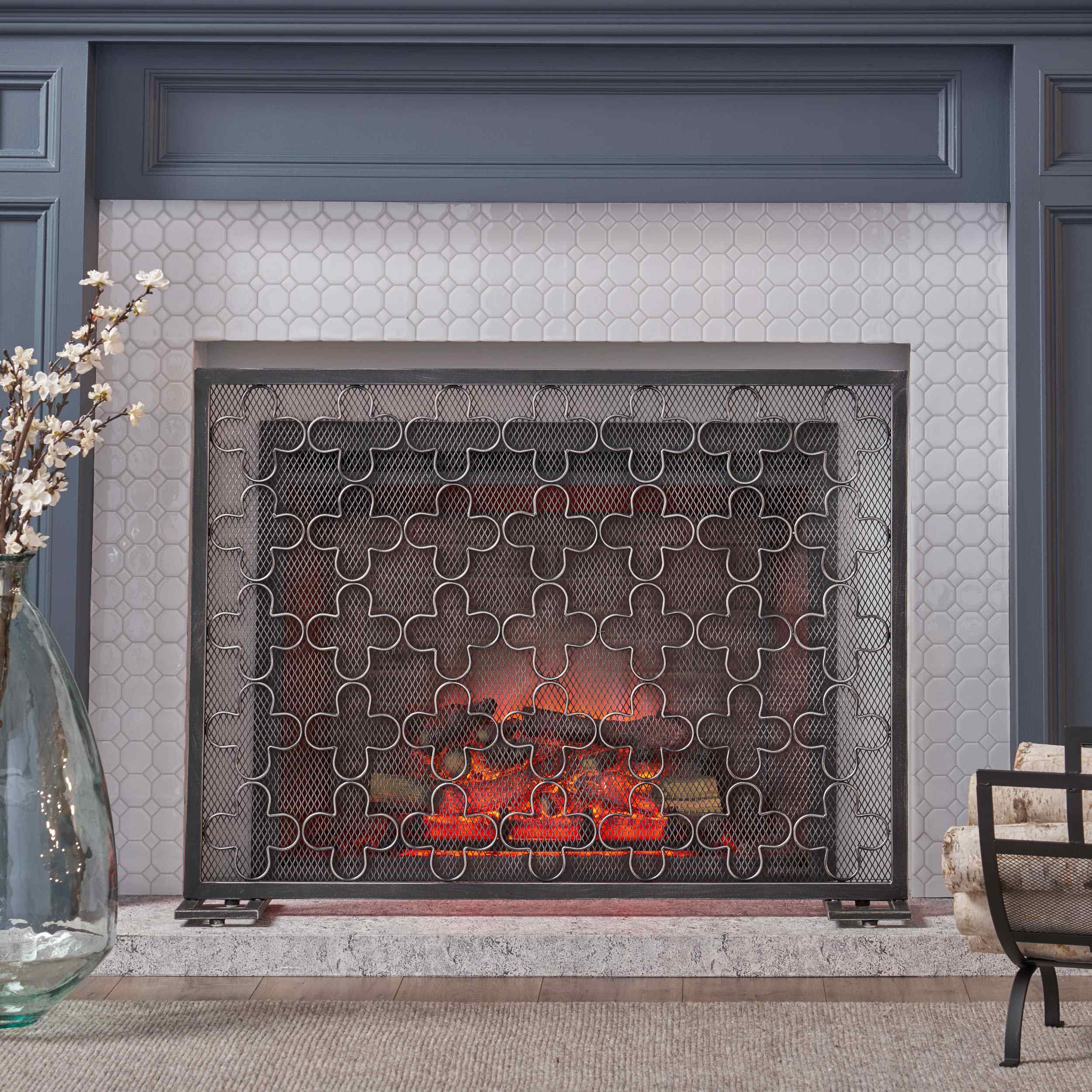 Modern Iron Fireplace Screen with Single Panel Design and Fine Mesh, Geometric Pattern, and Easy Assembly, 41 x 8 x 30.75, Black+Silver | Aosom.com