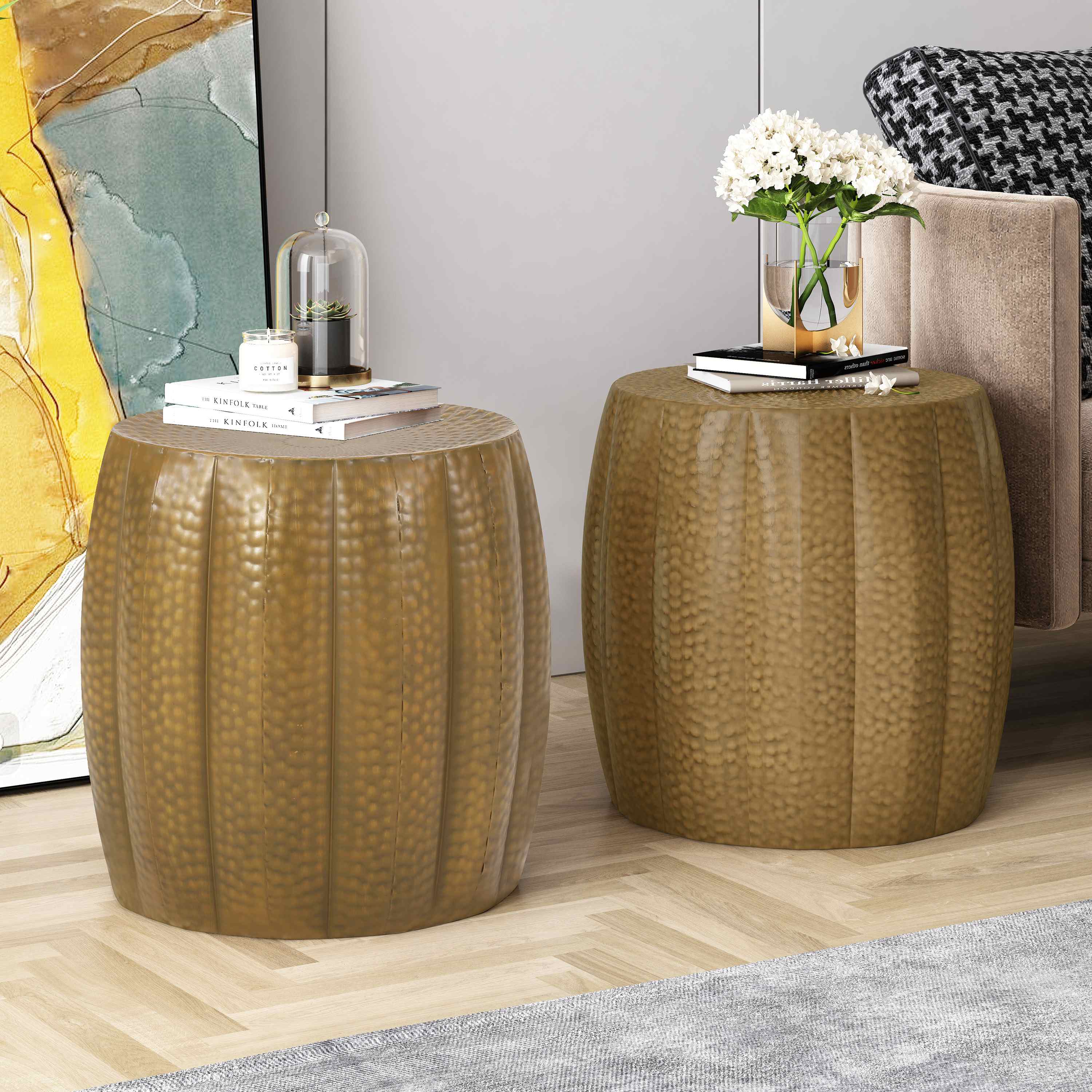 Set of 2 Metal Hammered Drum End Tables with Mandala-Inspired Tabletop, Lightweight Iron Construction, 18.25 x 18.25 x 17.25, Gold | Aosom.com