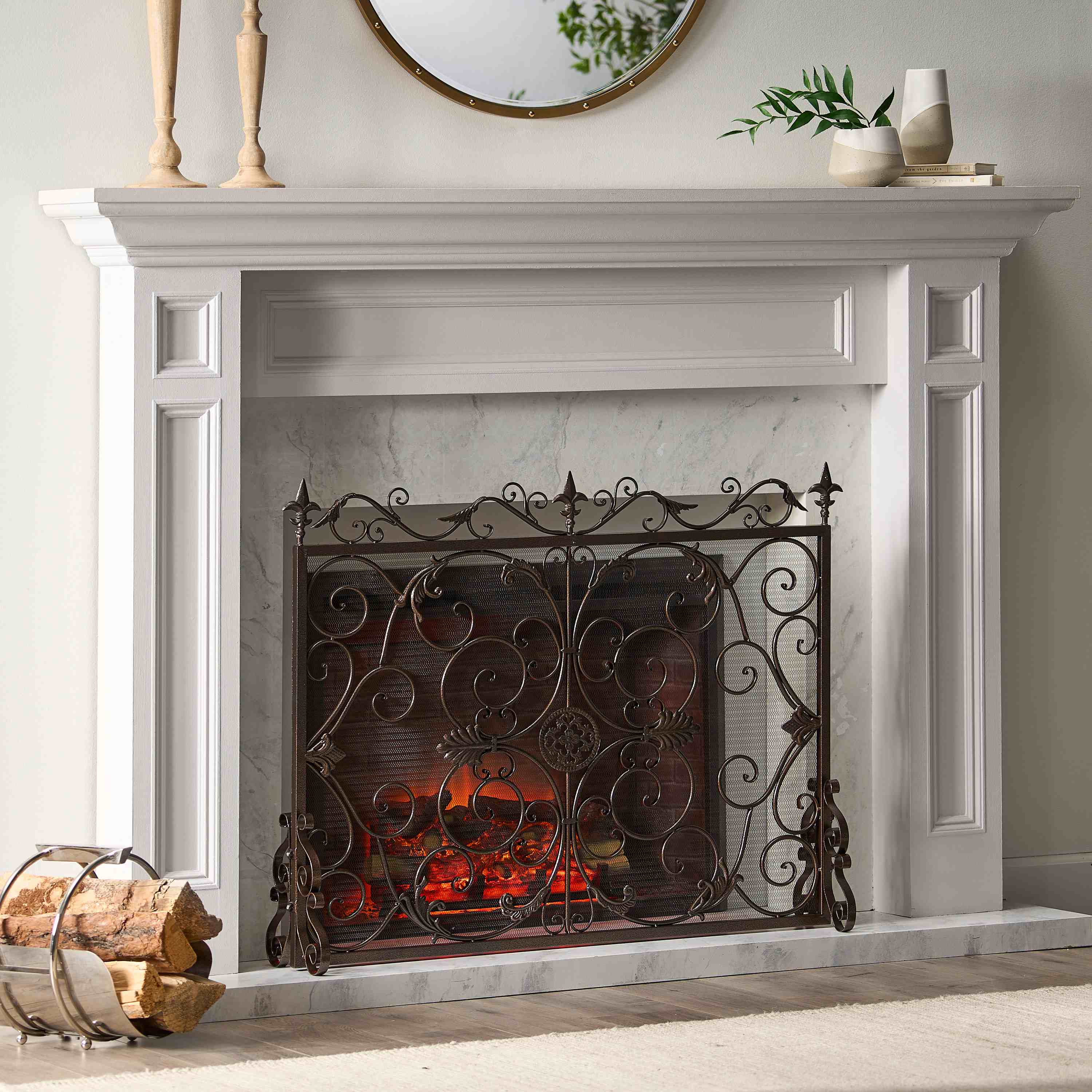 Traditional Fireplace Screen with Victorian Inspired Design, Wrought Iron with Ornate Detailing, 44.5 L x 9.75 W x 35 H, Black+Gold | Aosom.com