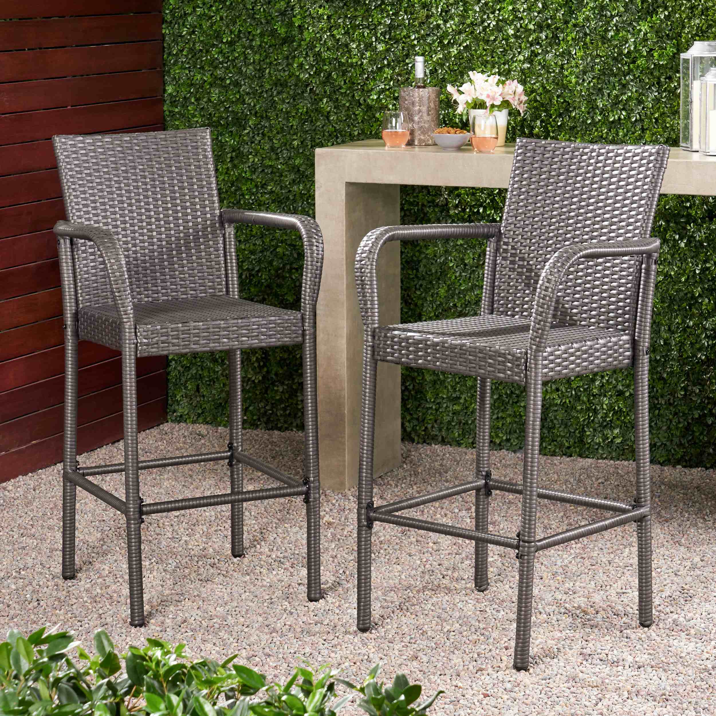 Outdoor Wicker Barstools Set of 2 with Faux Rattan and Metal Frame, Weather Resistant, Modern Counter Stools, 24.8 x 24.35 x 46.5, Grey | Aosom.com