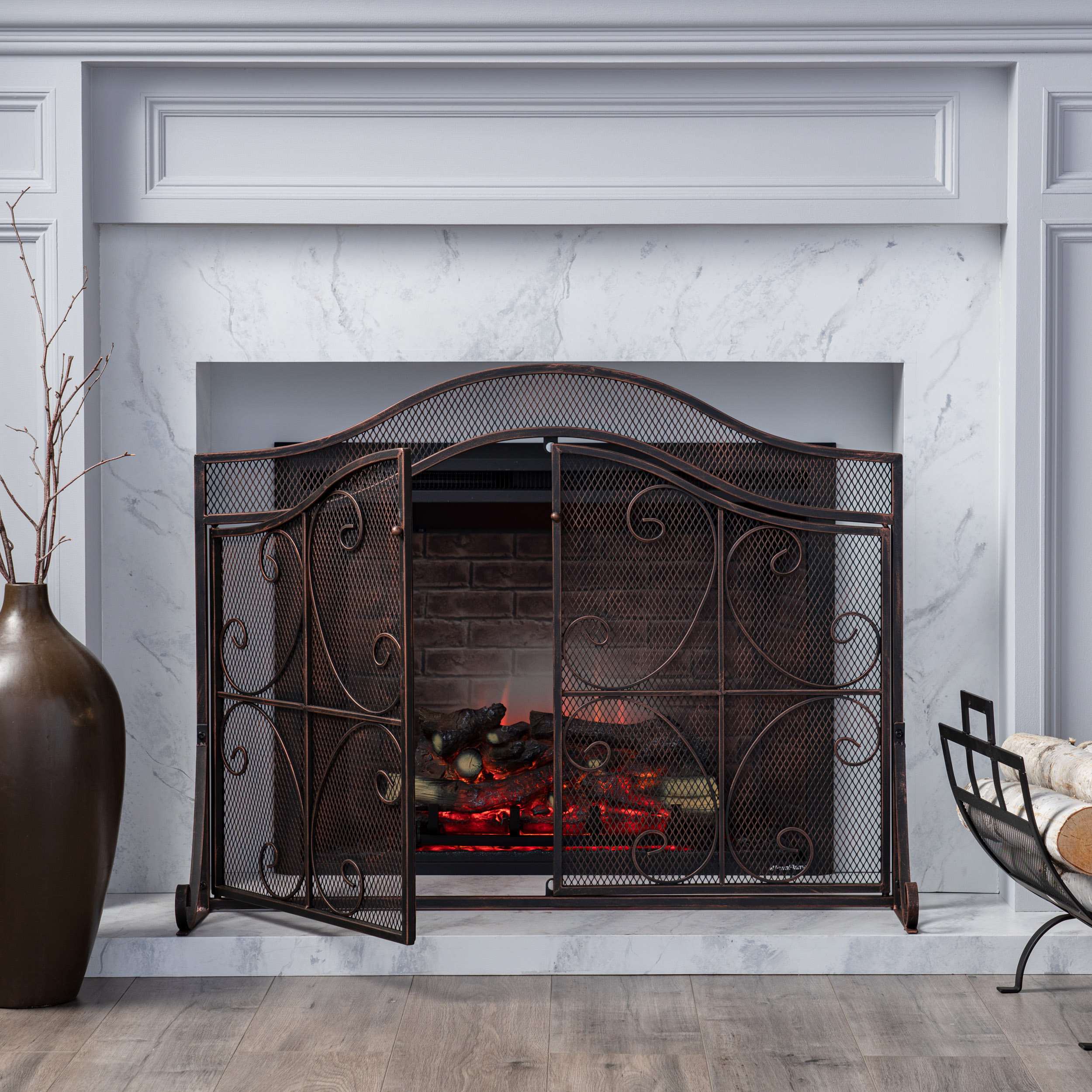 Modern Iron Fireplace Screen with Single Panel Design and Fine Mesh, Geometric Pattern, Easy Assembly, 41 L x 9.75 W x 31.75 H, Black | Aosom.com