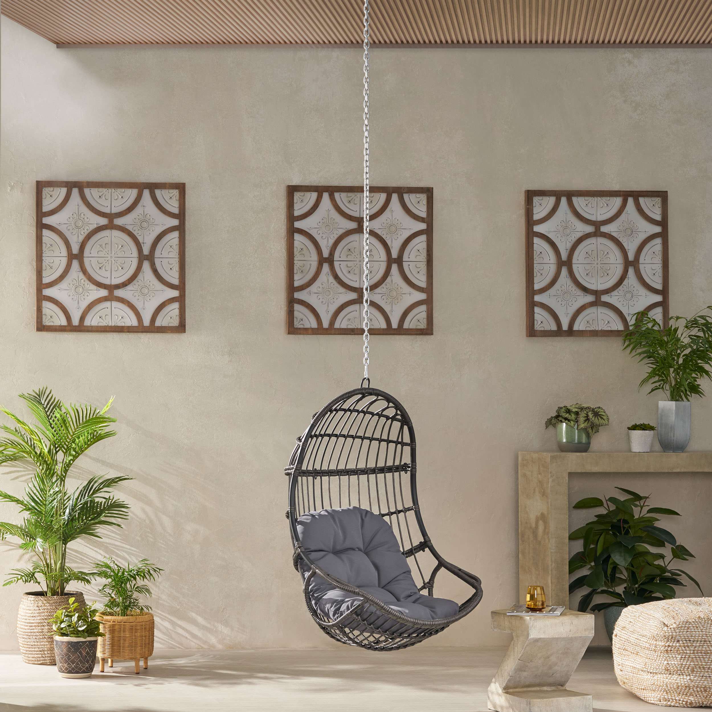 Outdoor/Indoor Wicker Swing Hanging Chair with 8ft Chain, Gray Outdoor/Indoor Wicker Swing Hanging Chair with 8ft Chain, Gray