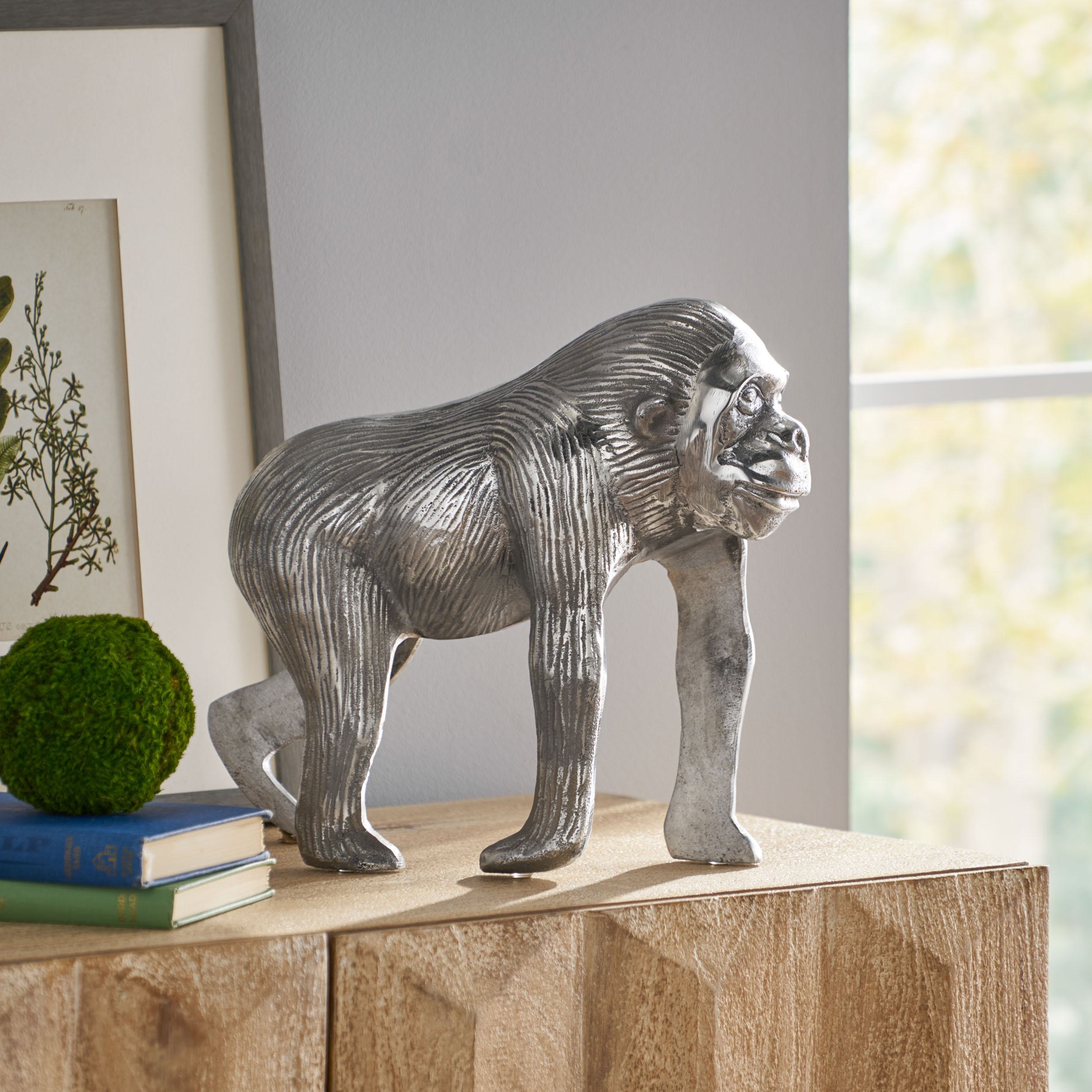 Handcrafted Aluminum Ape Figurine with Polished Silver Finish, Detailed Fur and Facial Features, Animal Statues, 14 x 5.5 x 12.5, Grey | Aosom.com