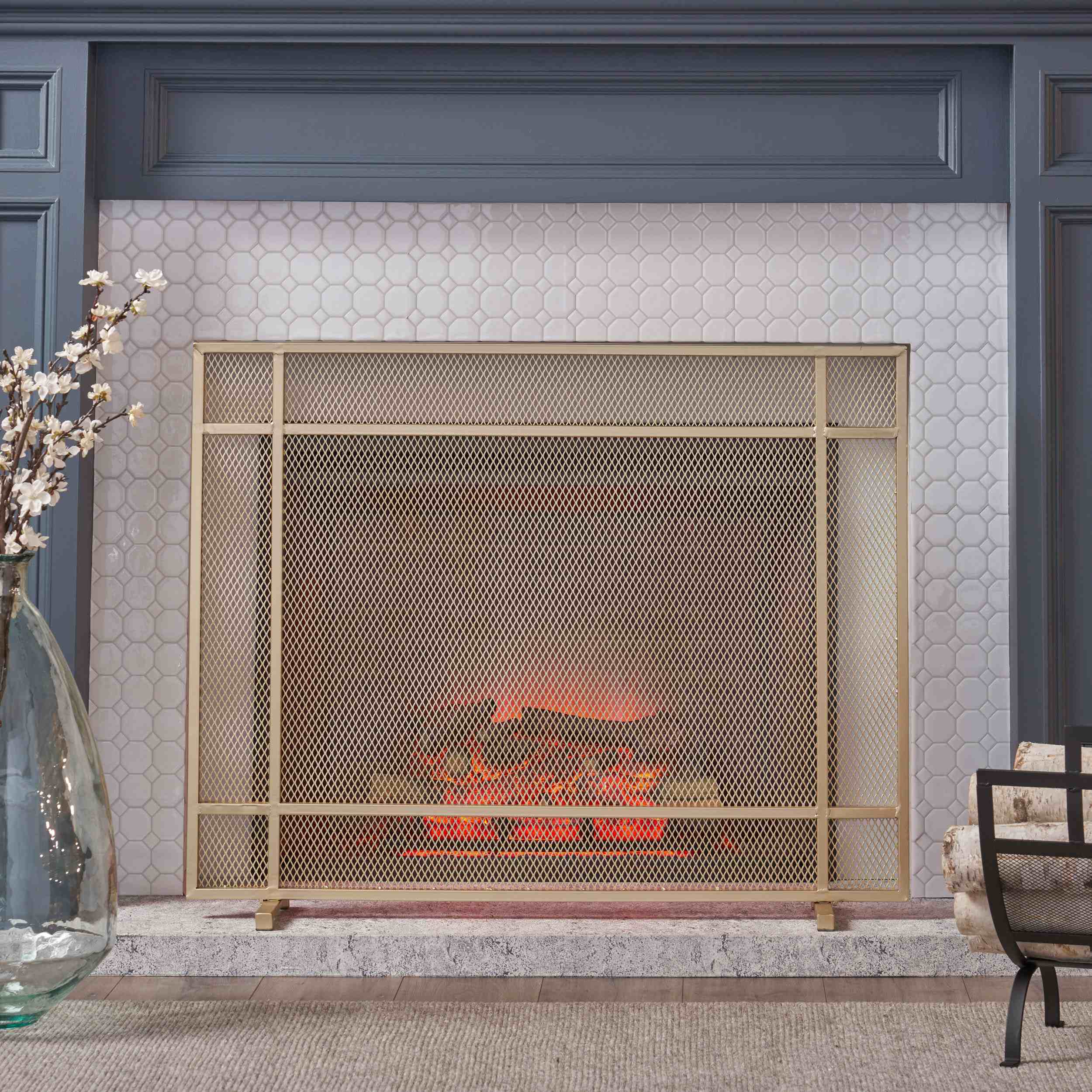 Modern Iron Fireplace Screen with Single Panel Design and Fine Mesh, Geometric Pattern, and Easy Assembly, 41 x 9.75 x 31.75, Gold | Aosom.com