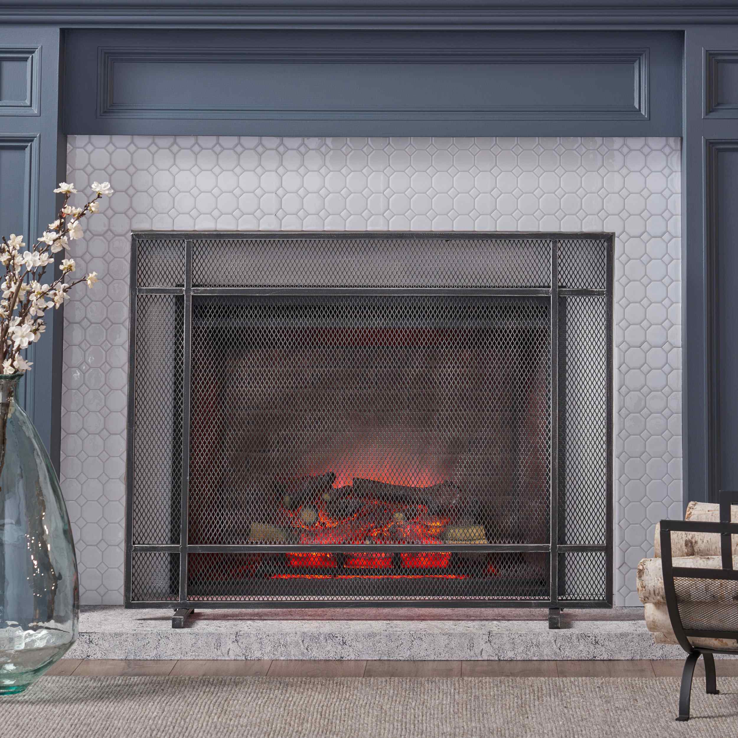 Modern Iron Fireplace Screen with Single Panel Design and Fine Mesh, Geometric Pattern, and Easy Assembly, 41x9.75x31.75, Black+Silver | Aosom.com