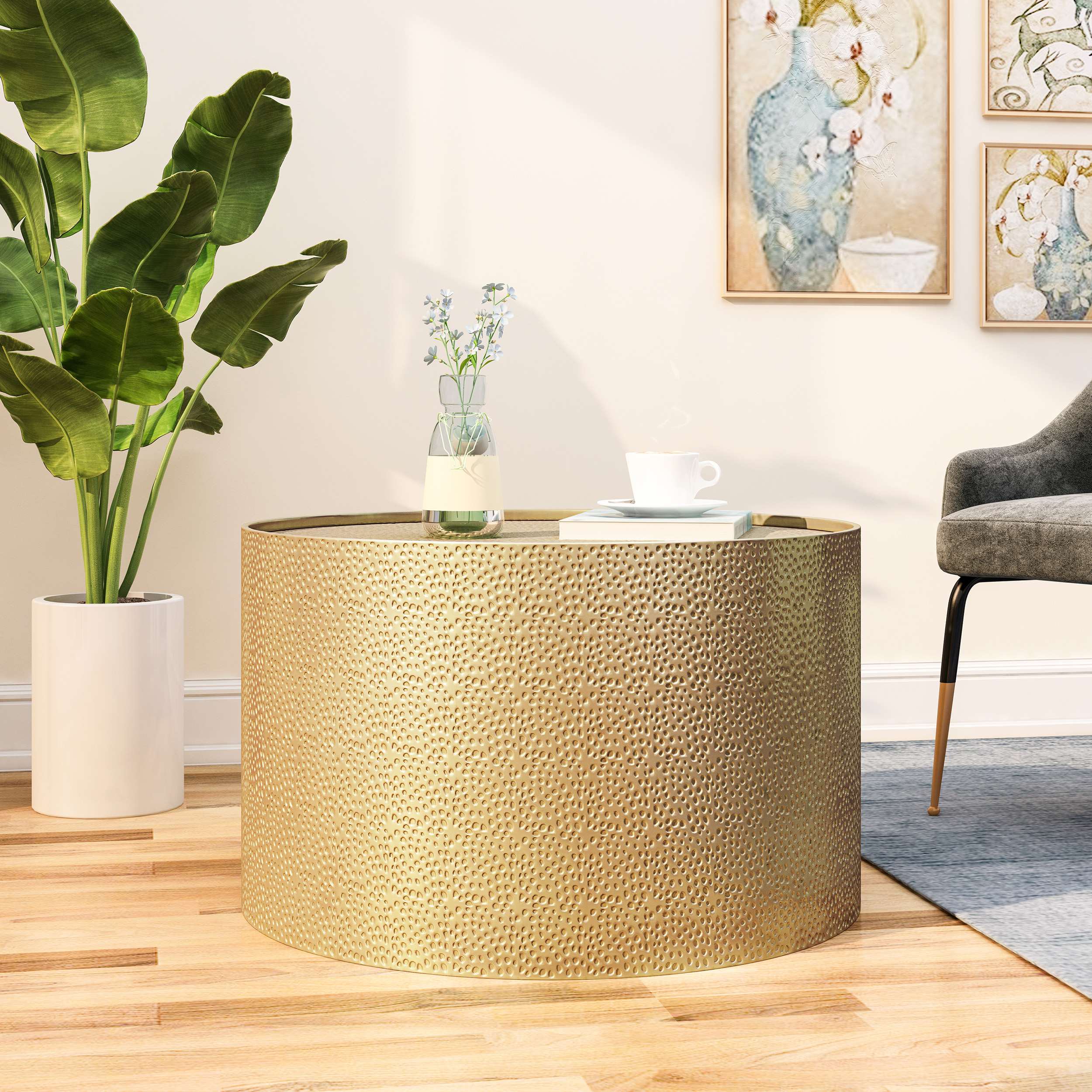 Handcrafted Round Coffee Table with Modern Hammered Metal Surface, Sturdy Iron Frame, No Assembly Required, 26 L x 26 W x 17.25 H, Gold | Aosom.com