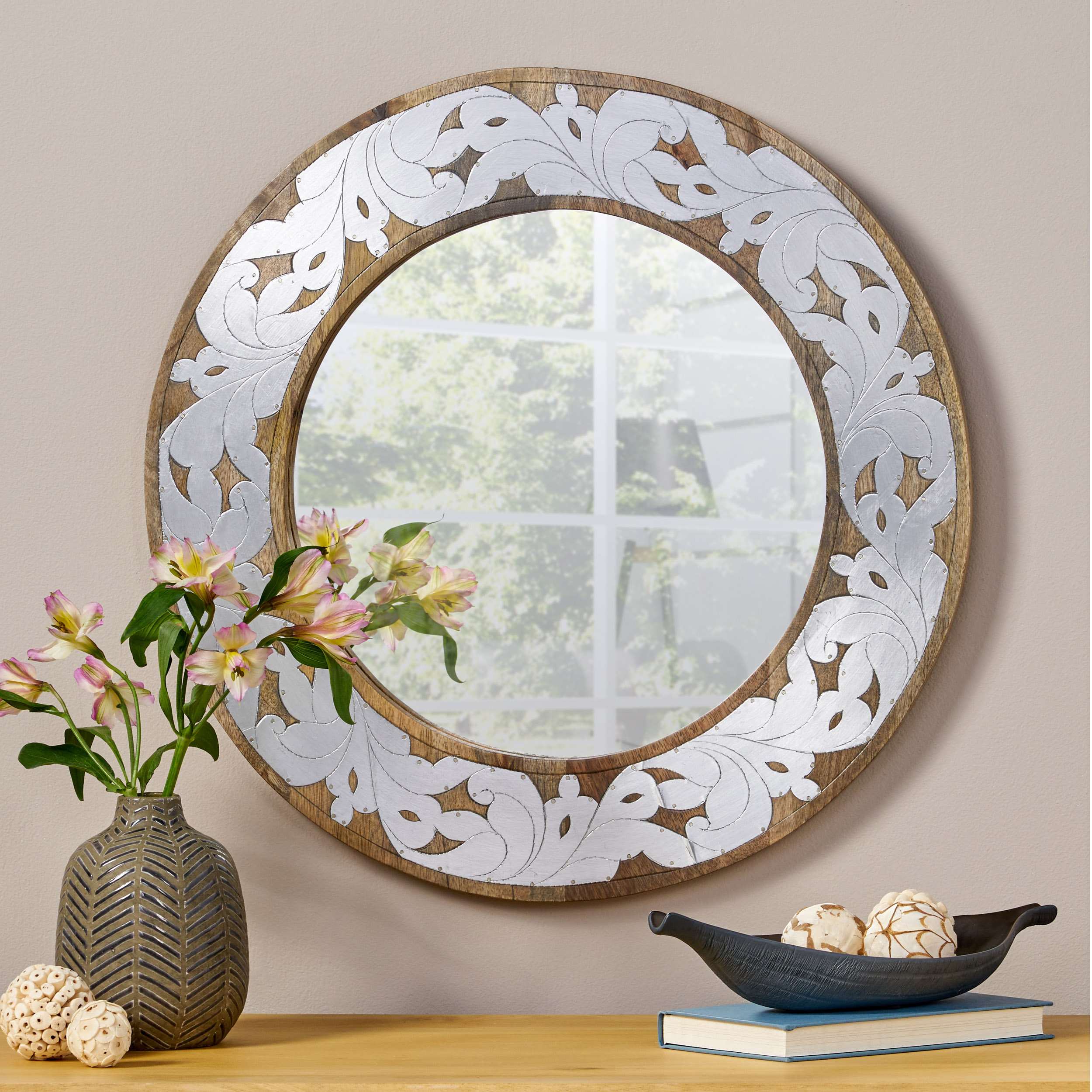 Modern Handcrafted Mango Wood Round Mirror with Aluminum Fitted Floral Design, Decorative Wall Mirrors, 22.5 L x 1 W x 22.5 H, Natural | Aosom.com