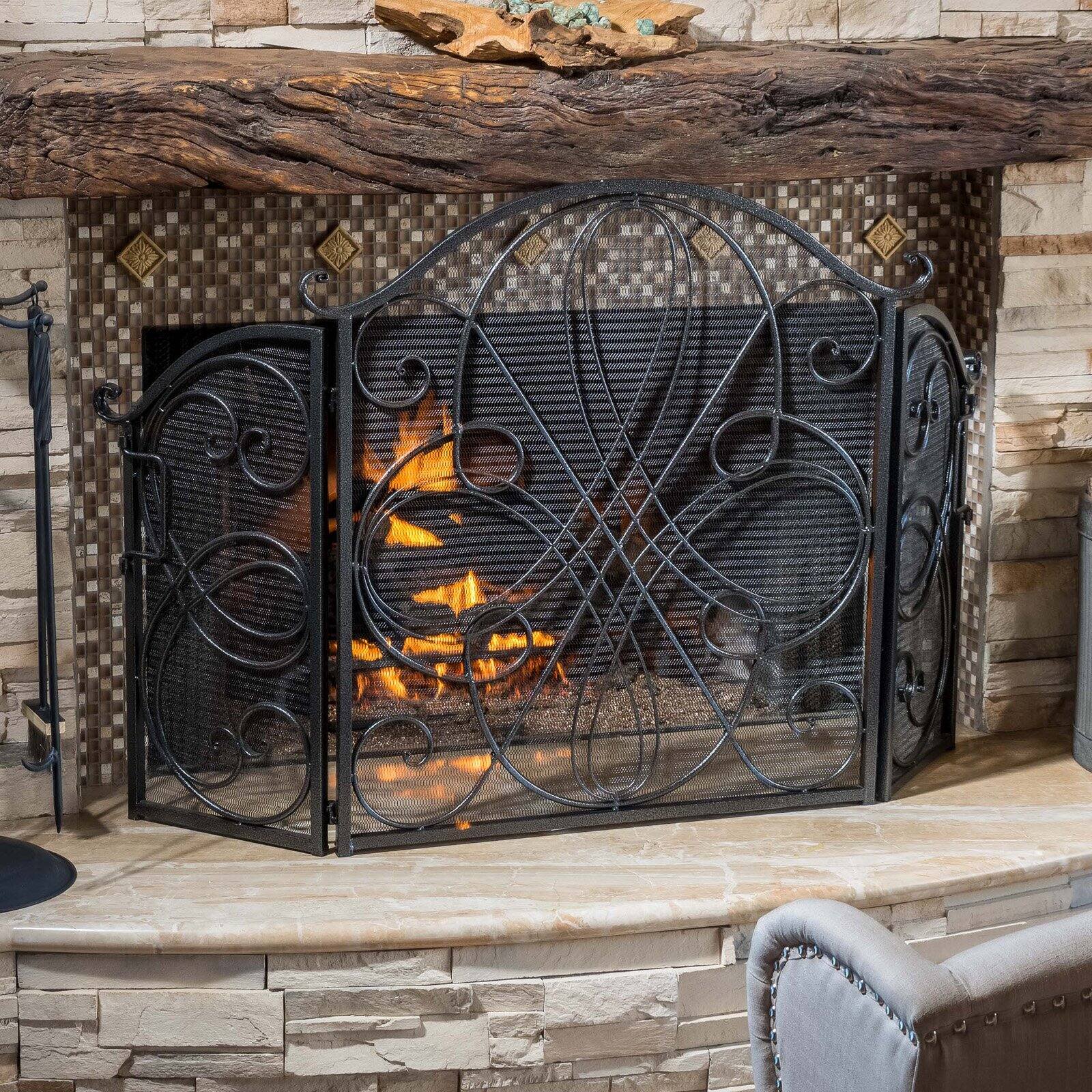 Retro style Fireplace Screen with Ornate Wrought Iron Design, Foldable Three-Panel Structure, 56.75 L x 1.75 W x 32.25 H, Black+Silver | Aosom.com