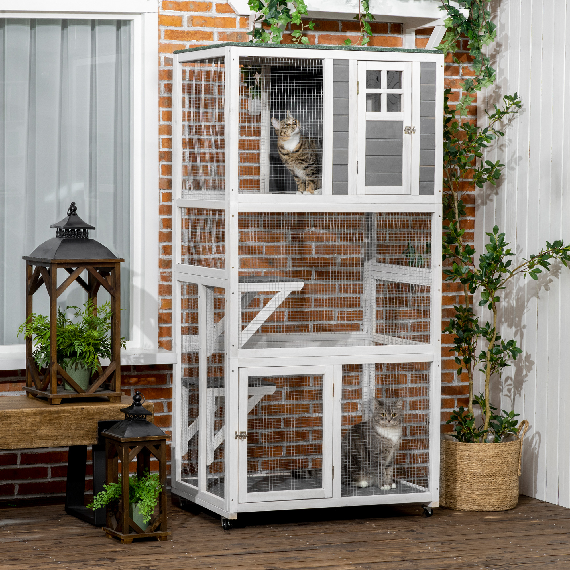 PawHut 74 Wooden Catio Outdoor Cat House Weatherproof Wheeled Outside Cat Enclosure with High Weight Capacity Kitten Cage Condo Dark Gray
