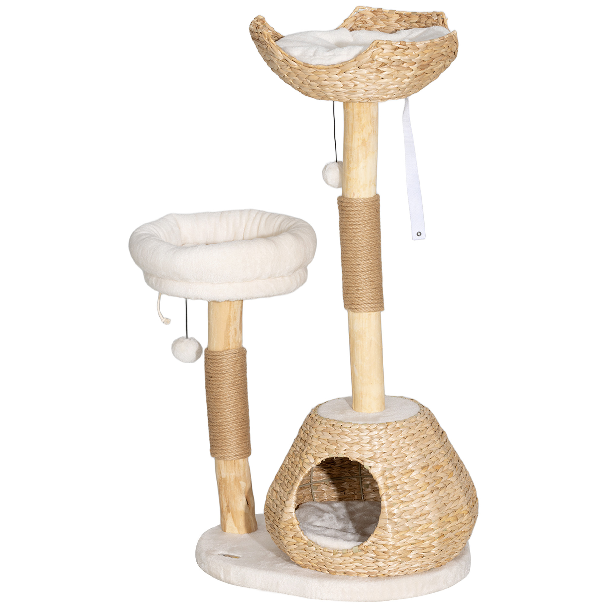PawHut 41 Modern Cat Condo, Indoor Cat Tree with Scratching Posts, Soft Removable Cushions &amp; Toy Balls, Cream White | Aosom.com