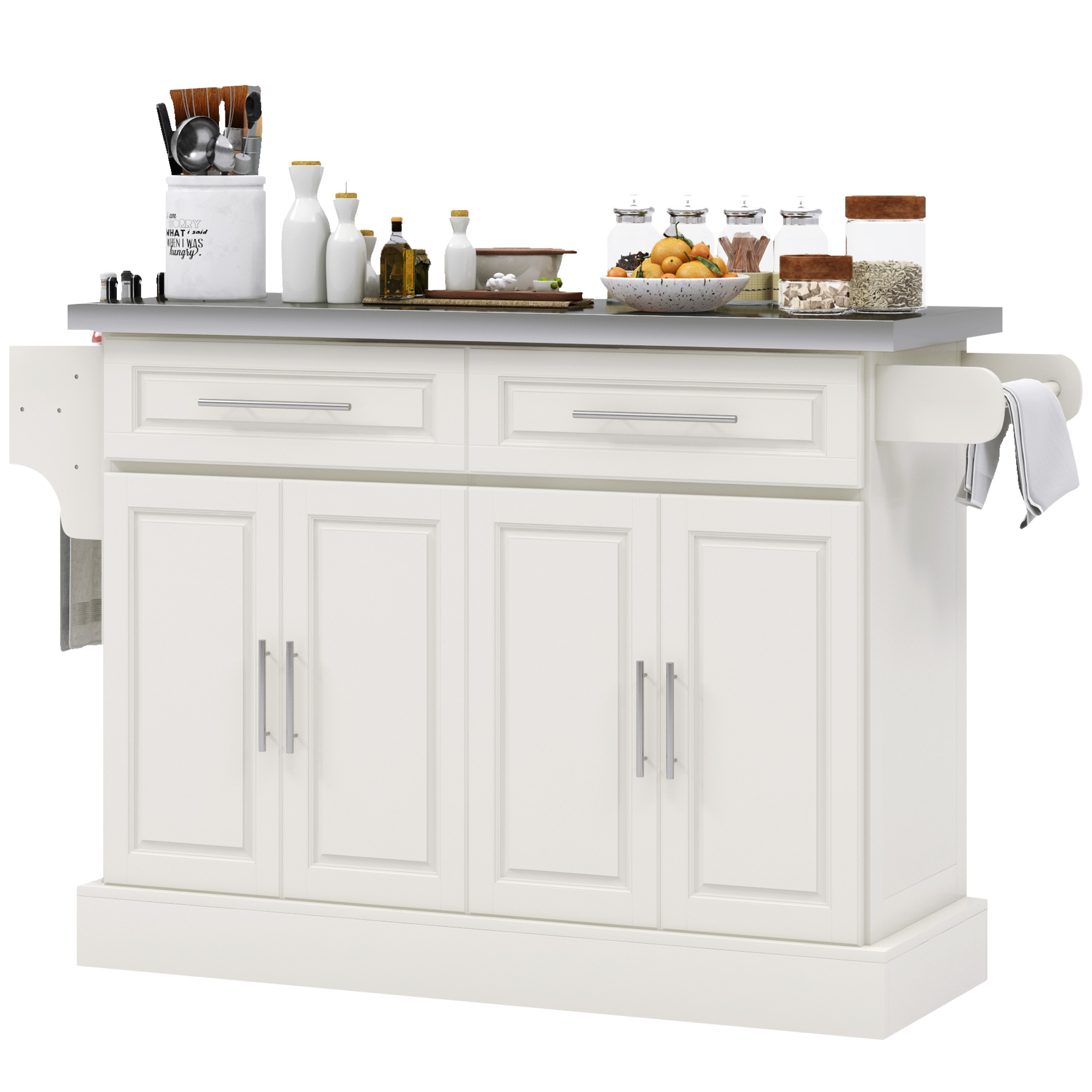 HOMCOM Narrow Kitchen Island, Mobile Island Cart with Hiding Wheels, 2 Drowers, Spice Rack Towel, for Home, Dinning Room, Cream White | Aosom.com