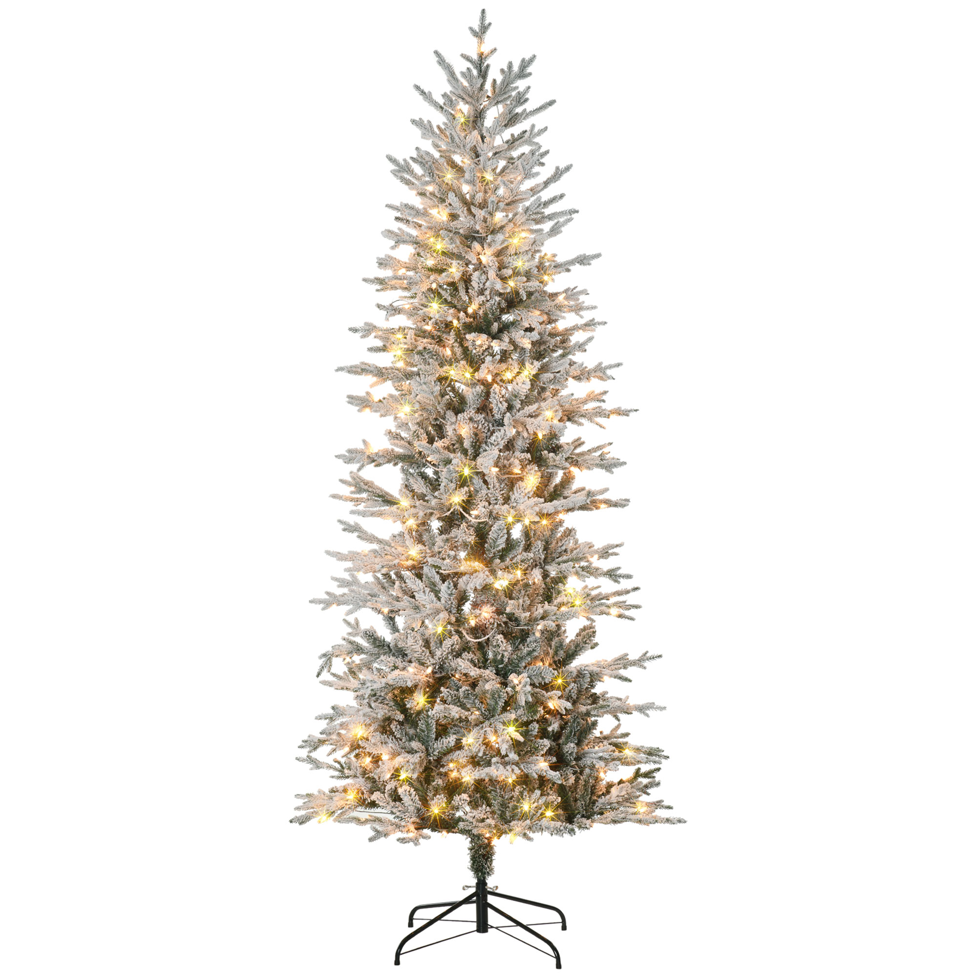 HOMCOM 7.5&#039; Flocked Christmas Tree Pre Lit, with Snow Branches, Warm Yellow Clear Lights, Auto Open, Extra Bulb