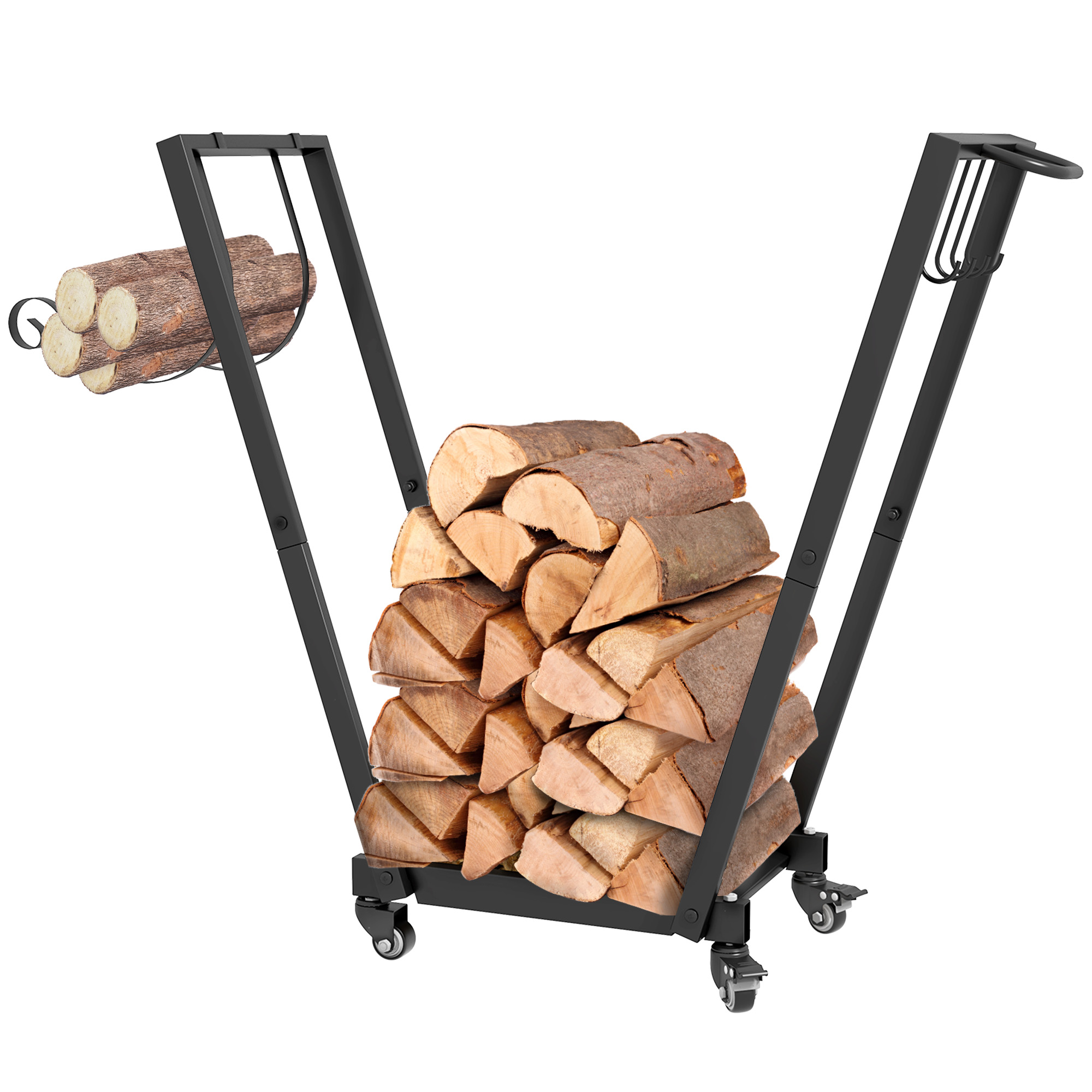 Outsunny Firewood Rack with Wheels, Metal Log Holder with Kindling and Tool Hooks, Indoor/Outdoor, 31.1 x 11.8 x 31.9, Black | Aosom.com