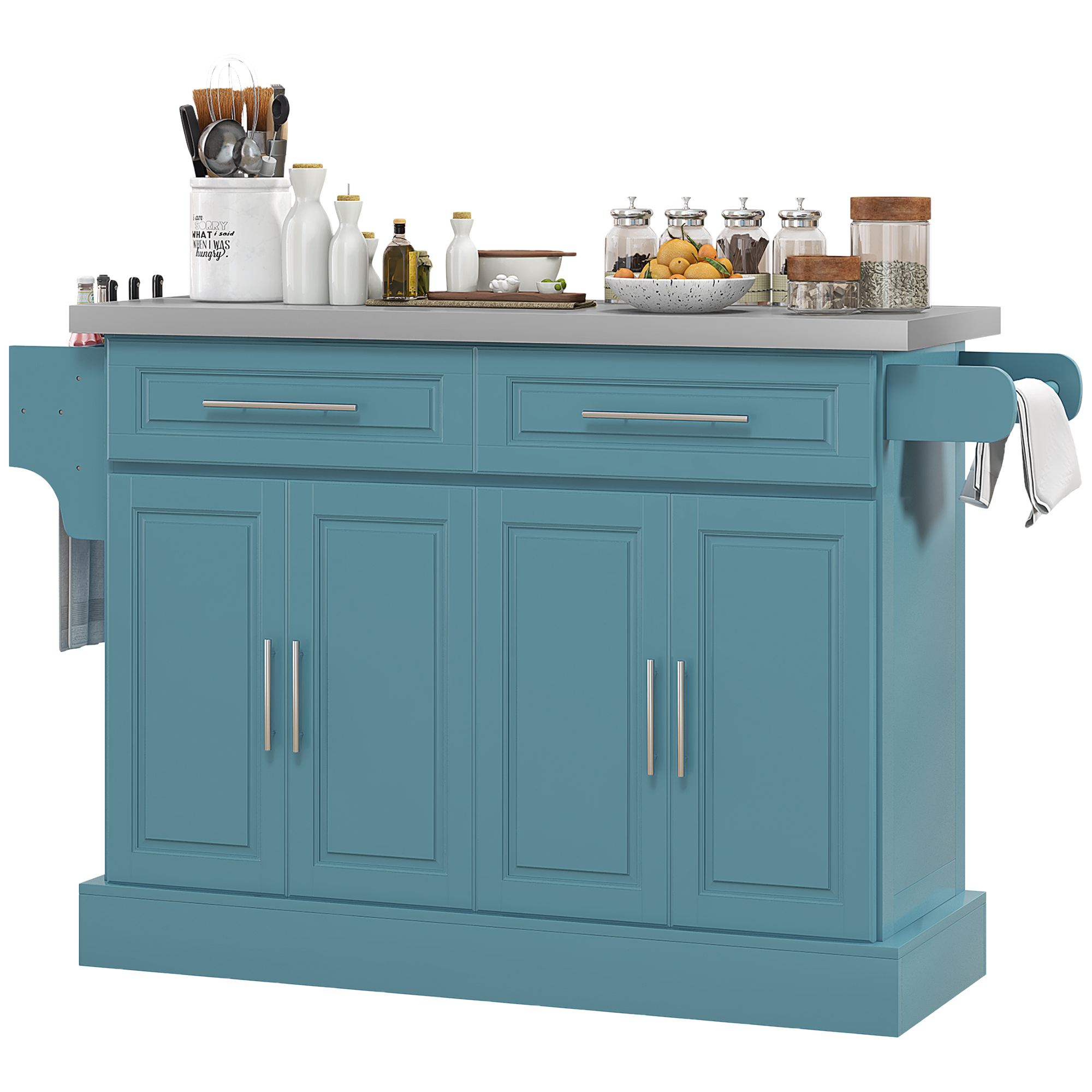 HOMCOM Narrow Kitchen Island, Mobile Island Cart with Hiding Wheels, 2 Drowers, Spice Rack Towel, for Home, Dinning Room, Teal Blue | Aosom.com