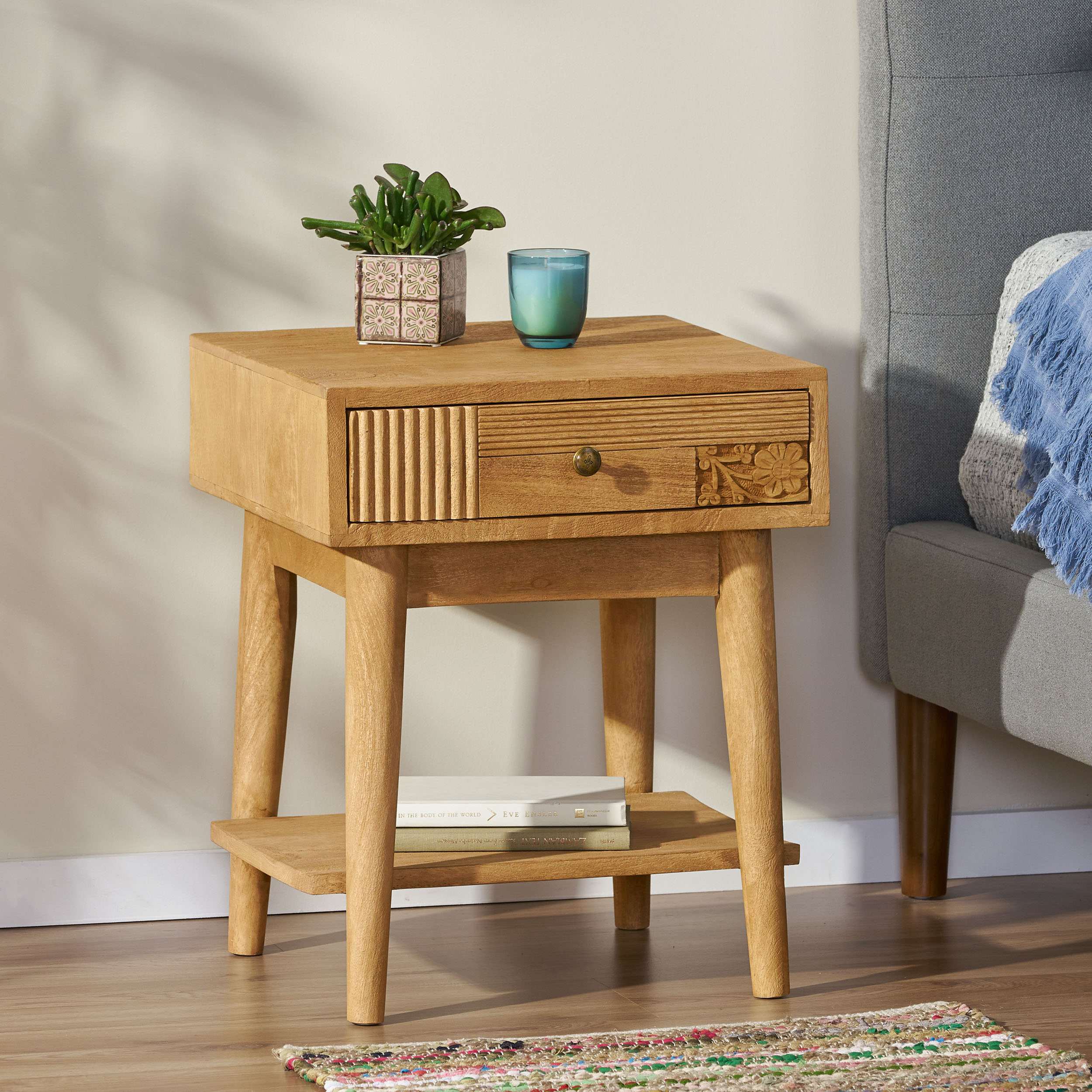 Handcrafted Boho Mango Wood Nightstand with Carved Accents, Drawer and Bottom Shelf Storage, Side Tables for Bedroom, 17x17x21, Natural | Aosom.com