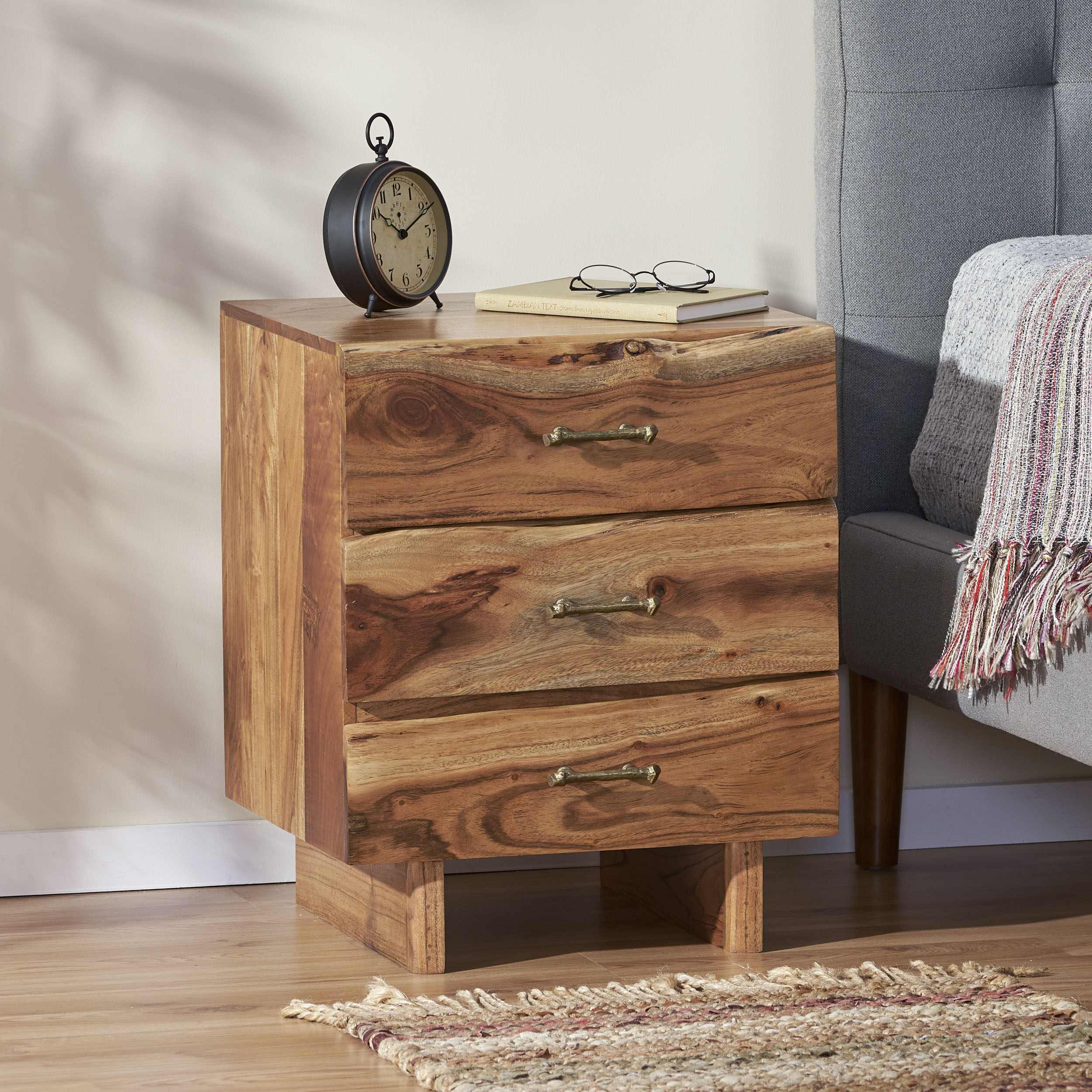 Handcrafted Boho Acacia Wood Nightstand with Carved Accents, End Tables with Storage, Side Tables for Bedroom, 18L x 16W x 22H, Natural | Aosom.com