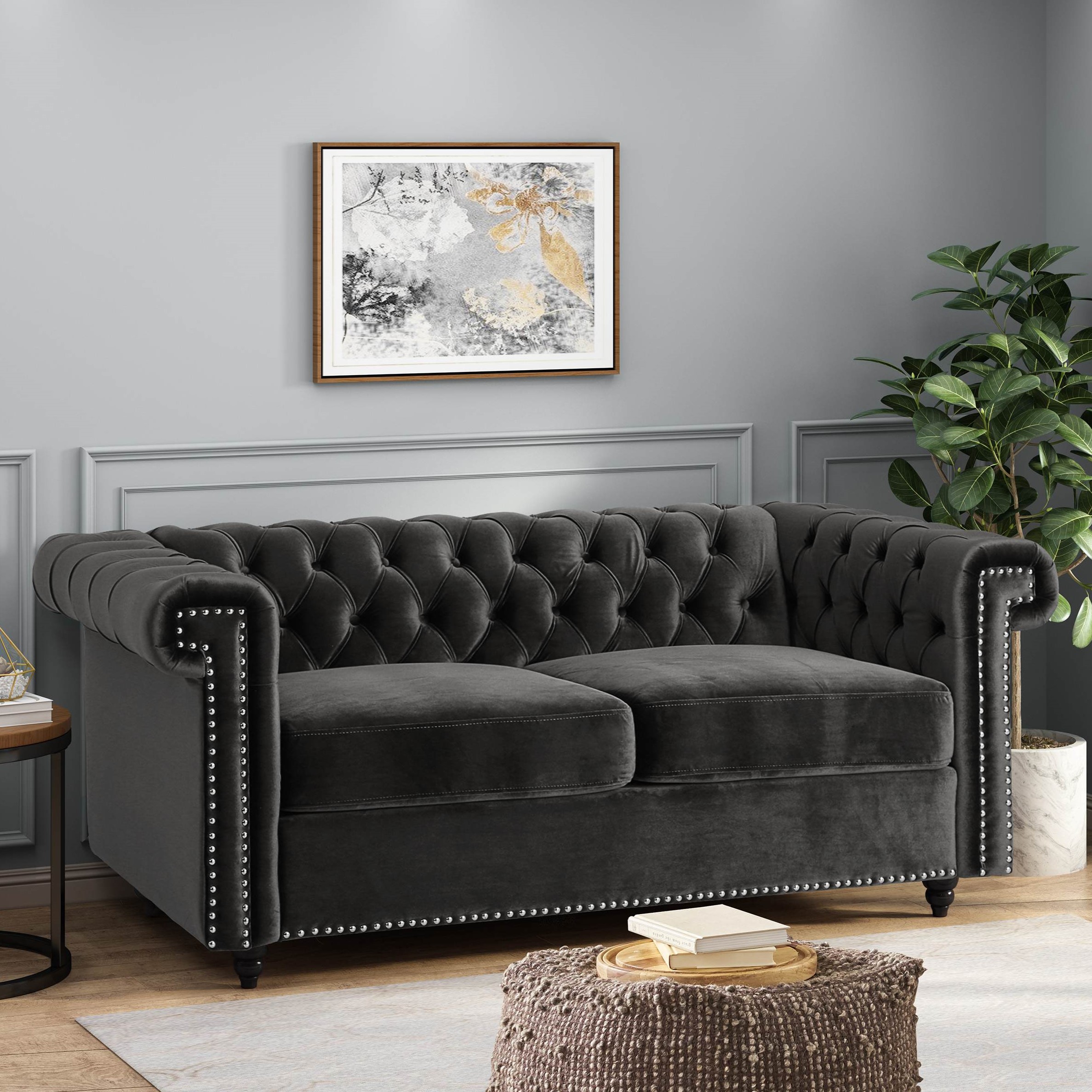 Modern Glam Velvet Upholstered Loveseat Sofa with Nailhead Accents, Birch Wood Legs, Living Spaces Couch, 61 L x 32 W x 25.5 H, Black | Aosom.com