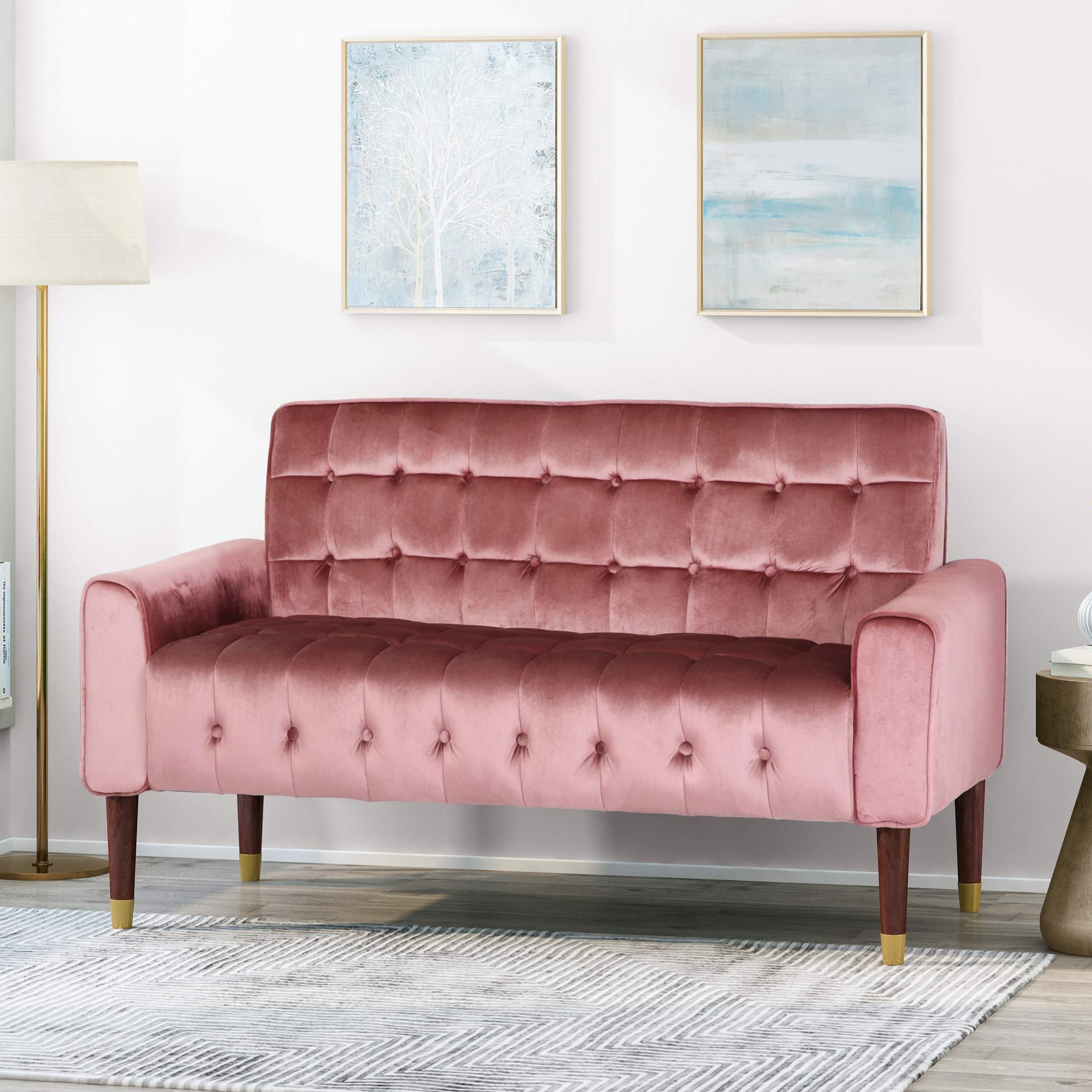 Modern Glam Loveseat Sofa with Velvet Upholstery and Featured Wingback Design, Button-Tufted Diamond Stitch, 52L x 30.5W x 32.5H, Blush | Aosom.com