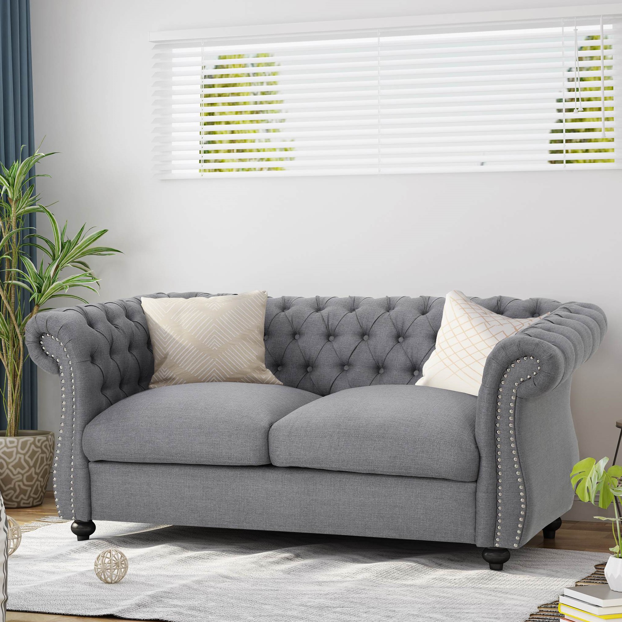 Retro Chesterfield Loveseat Sofa with Deep Button Tufting, Rolled Arms, Nailhead Accents, Easy Assembly, 62" L x 34" W x 28" H, Dark Grey | Aosom.com