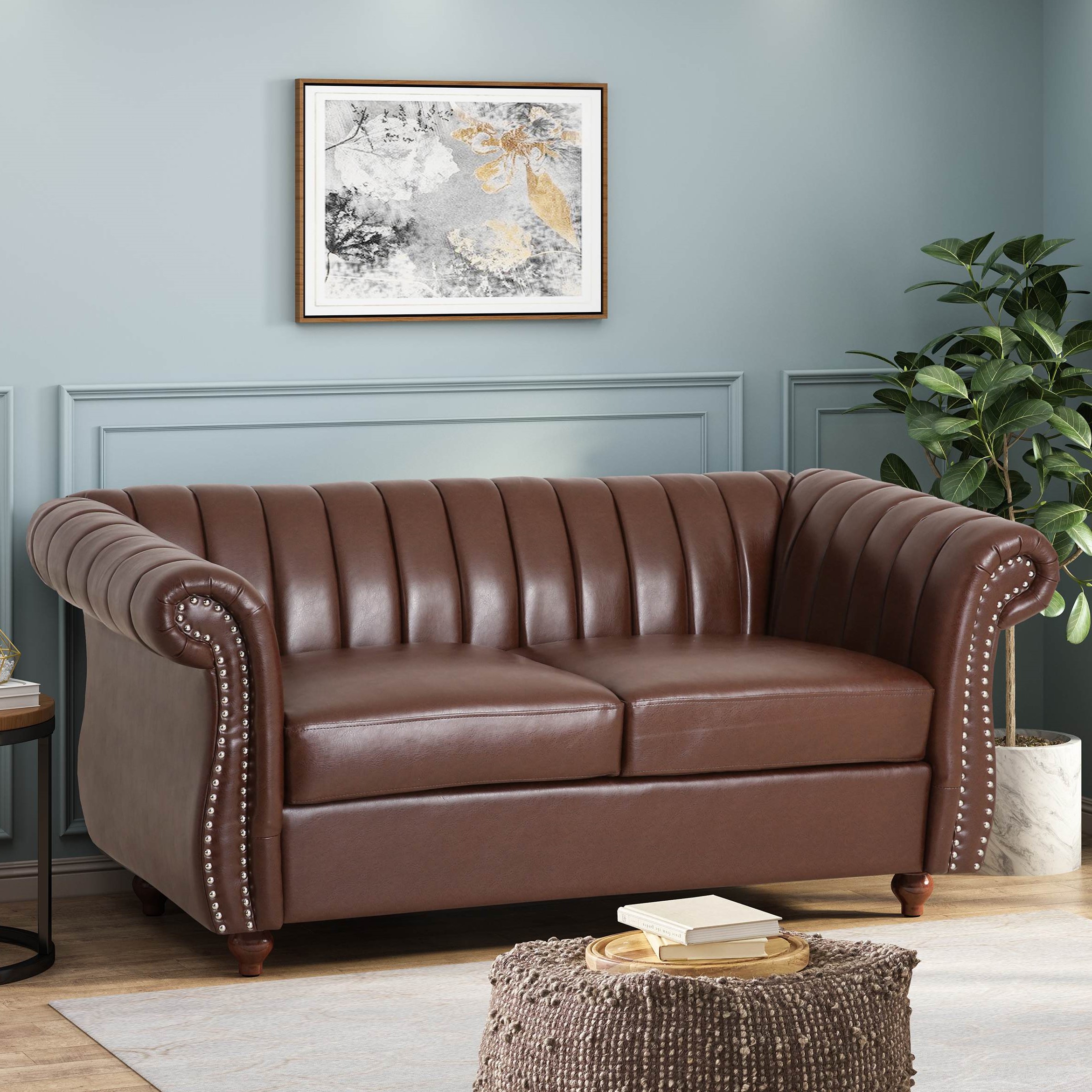 Modern Glam Faux Leather Loveseat Sofa with Nailhead Accents, Birch Wood Legs, Living Spaces Couch, 62 L x 33 W x 28.5 H, Dark Brown | Aosom.com