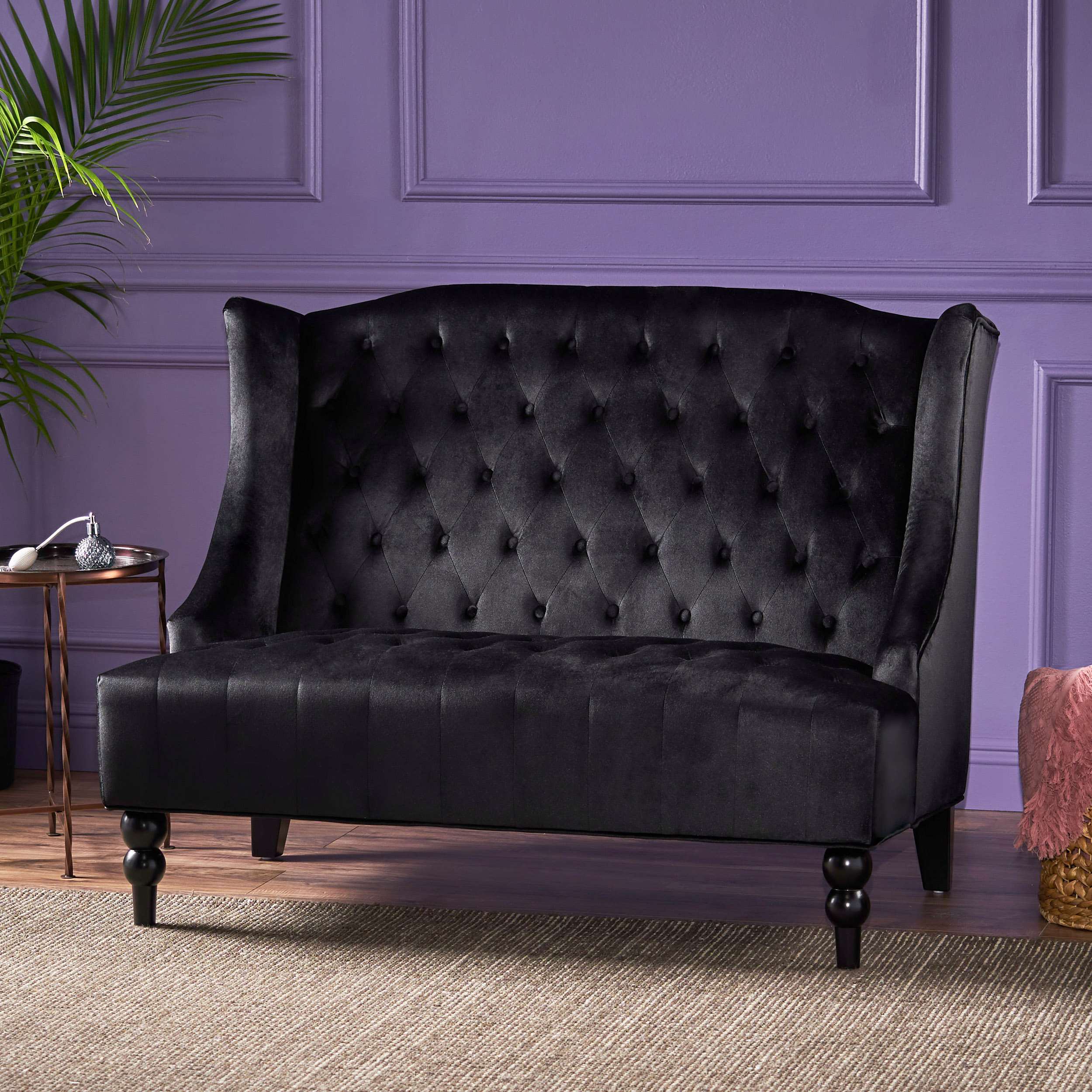 Modern Glam Loveseat Sofa with Velvet Upholstery, Wingback Design, Button-Tufted Diamond Stitch, 50.50" W x 34.00" D x 38.50" H, Black